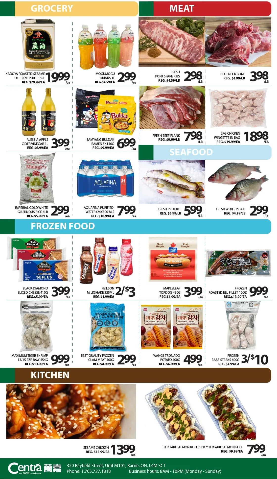 Centra Food Market weekly flyer specials page 3 features grocery, meat, seafood, frozen food, and kitchen deals. Grocery items include Kadoya Roasted Sesame Oil for $19.99, Mogumogu Drinks for $2.99, Alessia Apple Cider Vinegar for $3.99, and Samyang Buldak Ramen for $6.99. Meat offers include Fresh Pork Spare Ribs at $4.59/lb, Beef Neck Bone at $4.99/lb, and Fresh Beef Flank at $9.99/lb, plus 2kg Chicken Wingette in bag for $18.98. Seafood includes Fresh Pickerel for $6.99/lb and Fresh White Perch for $4.99/lb. Frozen food deals feature Black Diamond Sliced Cheese for $3.99, Neilson Milkshake for 2/$3, Mapleleaf Top Dog Hotdog for $3.99, Frozen Roasted Eel Fillet for $9.99, Maximum Tiger Shrimp for $9.99, Best Quality Frozen Clam Meat for $2.99, Wangs Tronnado Potato for $4.99, and Frozen Basa Steaks for 3/$10. Kitchen items include Sesame Chicken for $13.99 and Teriyaki Salmon Roll/Spicy Teriyaki Salmon Roll for $7.99. The flyer is valid from May 15 to May 21, 2026.