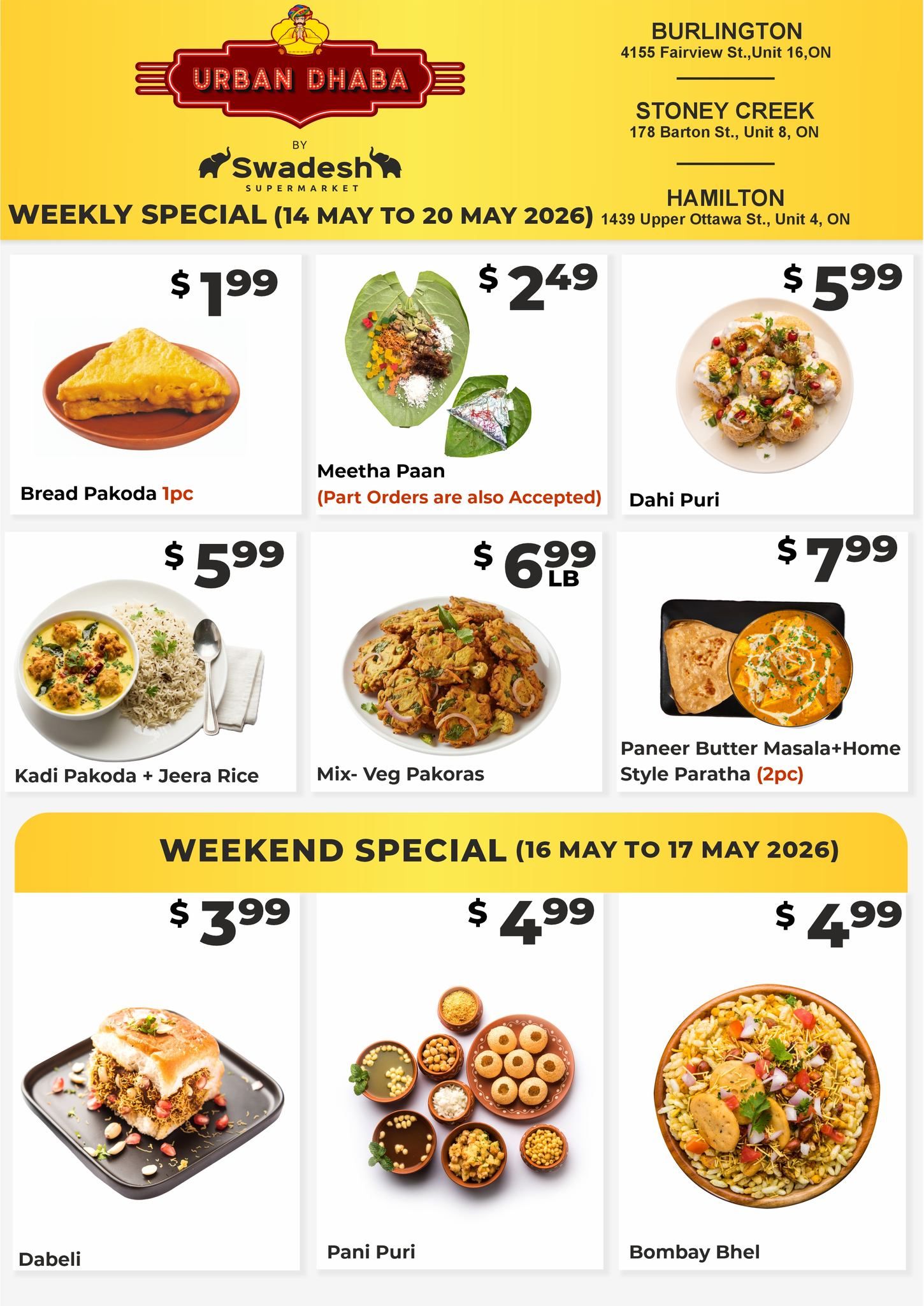 Swadesh Supermarket weekly specials flyer, page 5, featuring Urban Dhaba by Swadesh. Weekly specials from May 14 to May 20, 2026 include Bread Pakoda 1pc for $1.99, Meetha Paan for $2.49, Dahi Puri for $5.99, Kadi Pakoda + Jeera Rice for $5.99, Mix-Veg Pakoras for $6.99 per lb, and Paneer Butter Masala + Home Style Paratha (2pc) for $7.99. Weekend specials from May 16 to May 17, 2026 include Dabeli for $3.99, Pani Puri for $4.99, and Bombay Bhel for $4.99. Store locations in Burlington, Stoney Creek, and Hamilton are listed.