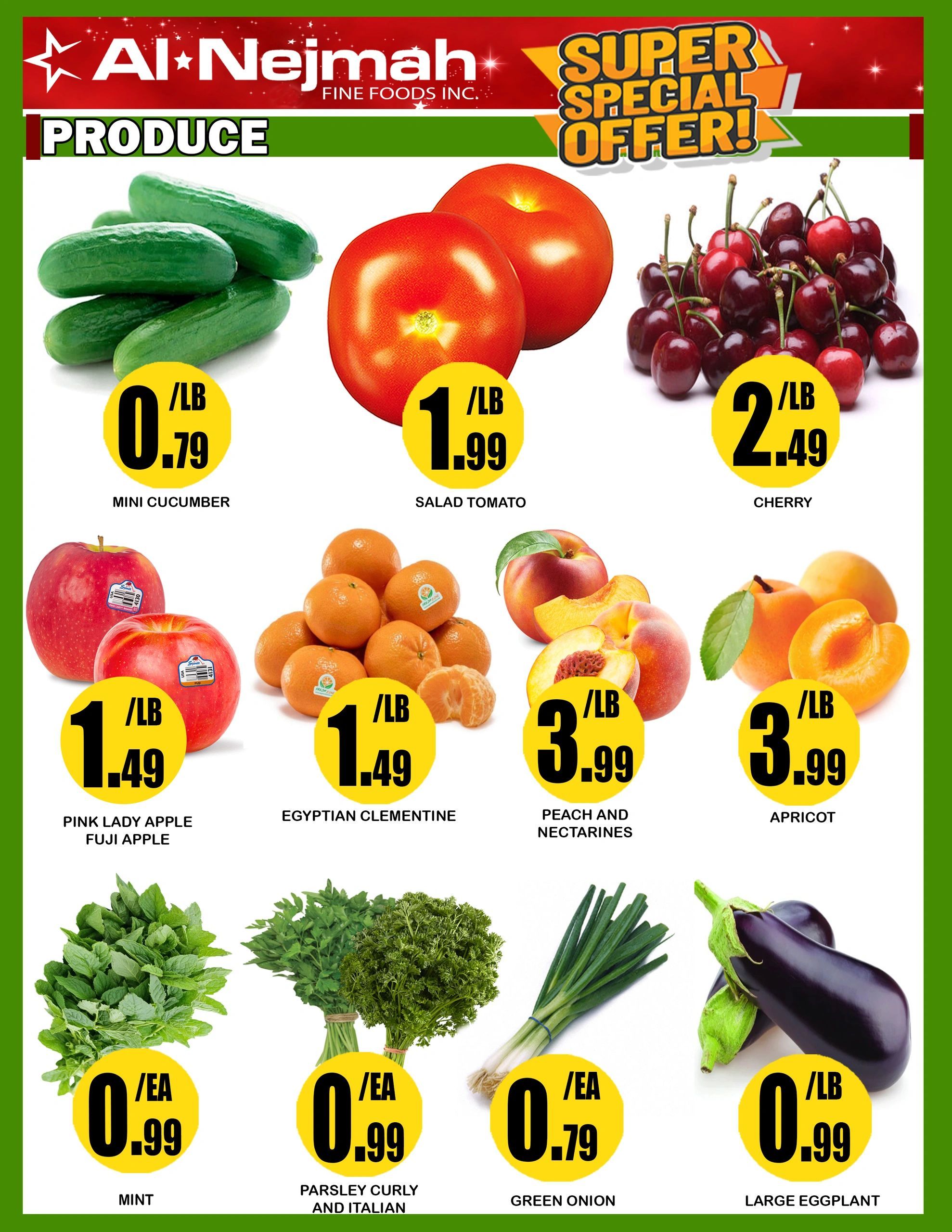 Al Nejmah Fine Foods Inc. Produce Super Special Offer page 5. Featuring mini cucumbers at $0.79/lb, salad tomatoes at $1.99/lb, and cherries at $2.49/lb. Also available are Pink Lady Fuji apples at $1.49/lb, Egyptian clementines at $1.49/lb, peaches and nectarines at $3.99/lb, and apricots at $3.99/lb. Fresh herbs include mint at $0.99/ea, and parsley (curly and Italian) at $0.99/ea. Green onions are $0.79/ea and large eggplant is $0.99/lb.