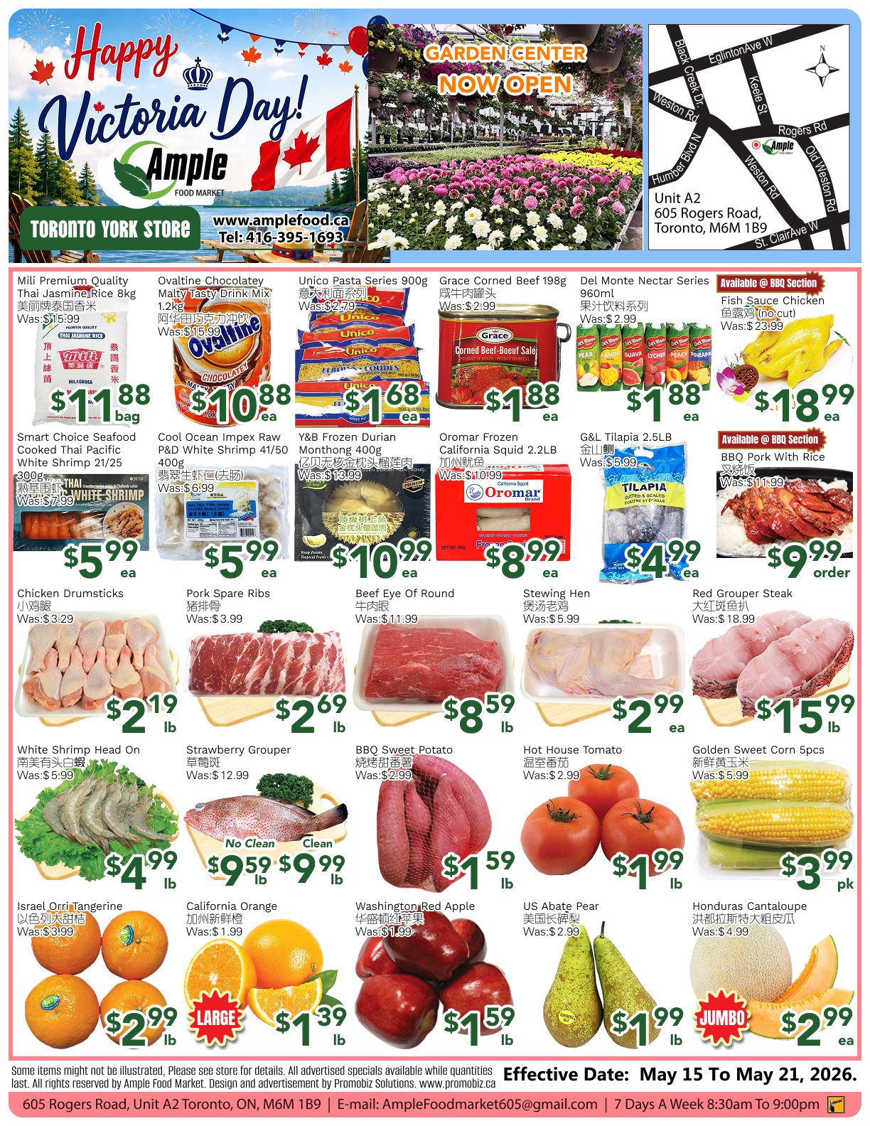 Ample Food Market Toronto York Store weekly flyer specials. Featuring 'Happy Victoria Day!' theme. Products include: Milli Premium Quality Thai Jasmine Rice 8kg for $11.88 bag, Ovaltine Chocolatey Malty Taste Drink Mix 1.2kg for $10.88 ea, Unico Pasta Series 900g for $1.68 ea, Grace Corned Beef 198g for $1.88 ea, Del Monte Nectar Series 960ml for $1.88 ea, and Fish Sauce Chicken 800g (no cut) for $18.99 ea. Also available: Smart Choice Seafood Cooked Thai Pacific White Shrimp 21/25 for $5.99 ea, Cool Ocean Impex Raw P&D White Shrimp 41/50 400g for $5.99 ea, Y&B Frozen Durian Monthong 400g for $10.99 ea, Oromar Frozen California Squid 2.2LB for $8.99 ea, and G&L Tilapia 2.5LB for $4.99 ea. Meat specials include: Chicken Drumsticks for $2.19 lb, Pork Spare Ribs for $2.69 lb, Beef Eye Of Round for $8.59 lb, Stewing Hen for $2.99 ea, and Red Grouper Steak for $15.99 lb. Other items: White Shrimp Head On for $4.99 lb, Strawberry Grouper for $9.59 lb, BBQ Sweet Potato for $1.59 lb, Hot House Tomato for $1.99 lb, and Golden Sweet Corn 5pcs for $3.99 pk. Fresh produce: Israel Orri Tangerine for $2.99 lb, California Orange for $1.39 lb, Washington Red Apple for $1.59 lb, and US Abate Pear for $1.99 lb. Also featured: Honduras Cantaloupe for $2.99 ea. Garden Center is now open. Flyer valid from May 15 to May 21, 2026. Store located at 605 Rogers Road, Toronto, ON, M6M 1B9. Open 7 days a week from 8:30 AM to 9:00 PM.