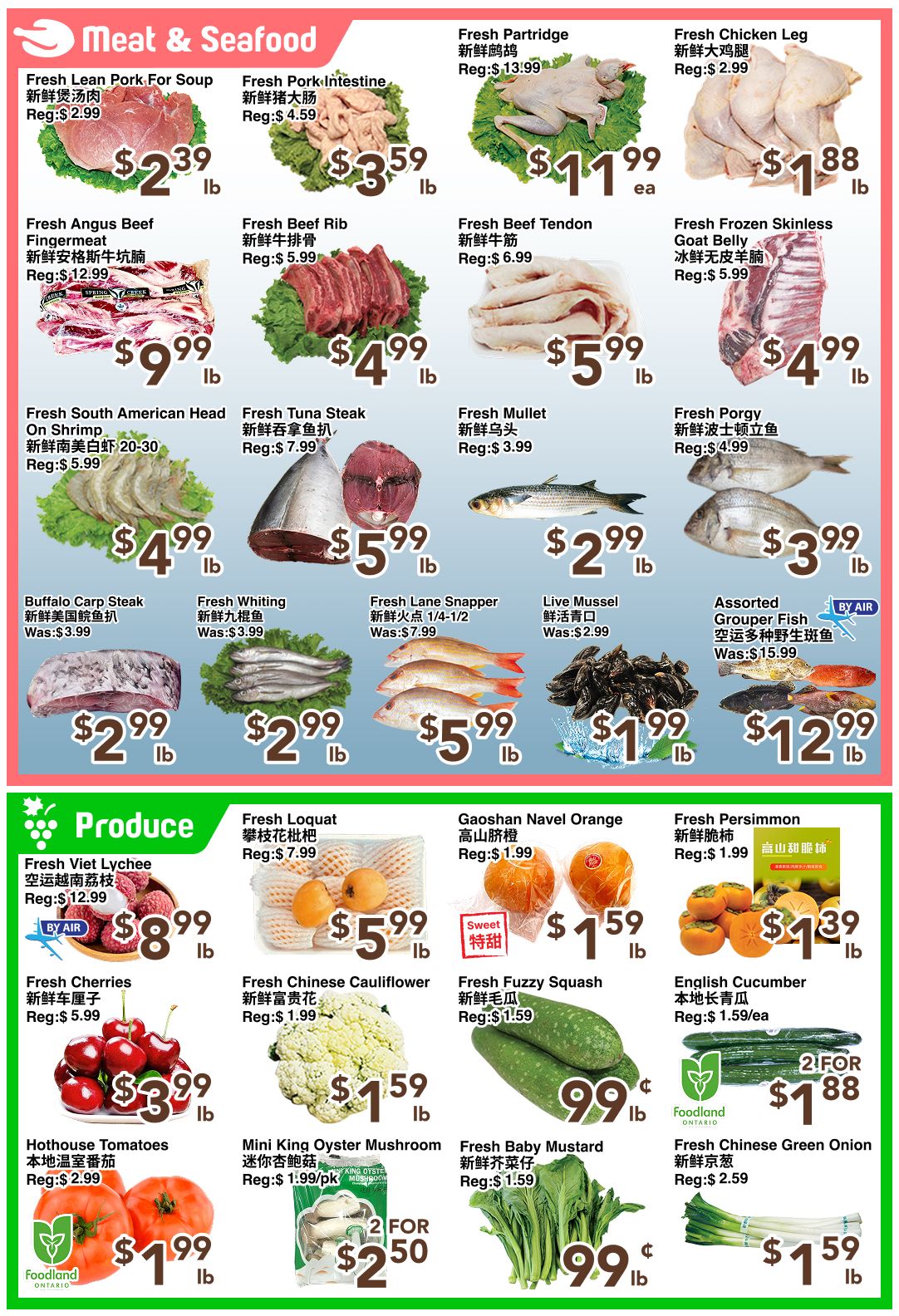 C&C Supermarket Weekly Flyer Specials, Page 4. Meat & Seafood section features Fresh Lean Pork for Soup at $2.39/lb, Fresh Pork Intestine at $3.59/lb, Fresh Partridge at $11.99 each, and Fresh Chicken Leg at $1.88/lb. Also available are Fresh Angus Beef Fingermeat for $9.99/lb, Fresh Beef Rib at $4.99/lb, Fresh Beef Tendon at $5.99/lb, and Fresh Frozen Skinless Goat Belly at $4.99/lb. Seafood options include Fresh South American Head On Shrimp for $4.99/lb, Fresh Tuna Steak at $5.99/lb, Fresh Mullet for $2.99/lb, and Fresh Porgy at $3.99/lb. Other items are Buffalo Carp Steak at $2.99/lb, Fresh Whiting at $2.99/lb, Fresh Lane Snapper at $5.99/lb, Live Mussel for $1.99/lb, and Assorted Grouper Fish for $12.99/lb. The Produce section offers Fresh Viet Lychee for $8.99/lb, Fresh Loquat at $5.99/lb, Gaoshan Navel Orange at $1.59/lb, and Fresh Persimmon for $1.39/lb. Additionally, Fresh Cherries are $3.99/lb, Fresh Chinese Cauliflower is $1.59/lb, Fresh Fuzzy Squash is $0.99/lb, and English Cucumber is $1.59/ea. Hothouse Tomatoes are $1.99/lb, Mini King Oyster Mushroom is 2 for $2.50, Fresh Baby Mustard is $0.99/lb, and Fresh Chinese Green Onion is $1.59/lb.