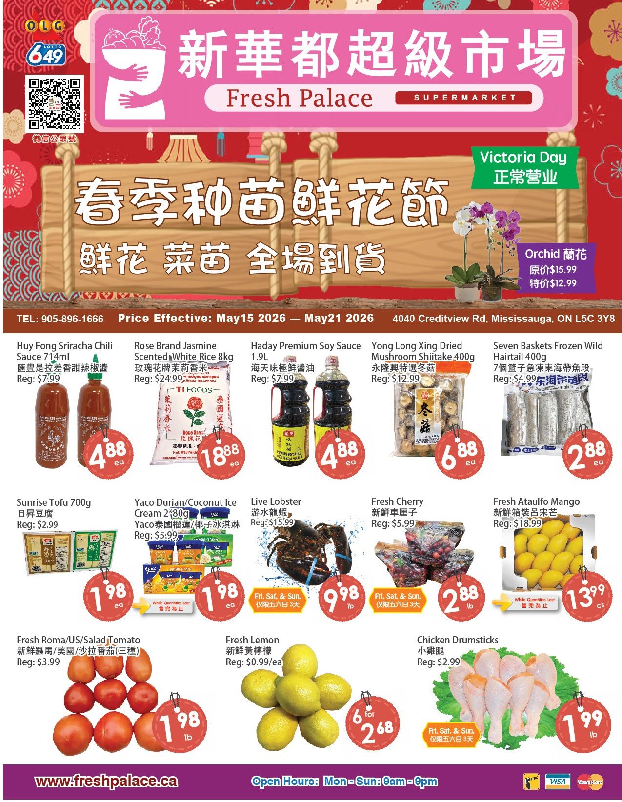 Fresh Palace Supermarket weekly flyer specials from May 15 to May 21, 2026. Featured items include Huy Fong Sriracha Chili Sauce 714ml for $4.88, Rose Brand Jasmine Scented White Rice 8kg for $18.88, Haday Premium Soy Sauce 1.9L for $4.88, and Yong Long Xing Dried Mushroom Shiitake 400g for $6.88. Also available are Seven Baskets Frozen Wild Hairtail 400g for $2.88. Other deals include Sunrise Tofu 700g for $1.98, Yaco Durian/Coconut Ice Cream 2x80g for $1.98, Live Lobster for $9.98/lb, Fresh Cherry for $2.88/lb, Fresh Atahulfo Mango for $13.99/case, Fresh Roma/US/Salad Tomato for $1.98/lb, Fresh Lemon for 6 for $2.68, and Chicken Drumsticks for $1.99/lb. The store is located at 4040 Creditview Rd, Mississauga, ON L5C 3Y8 and is open daily from 9am to 9pm.