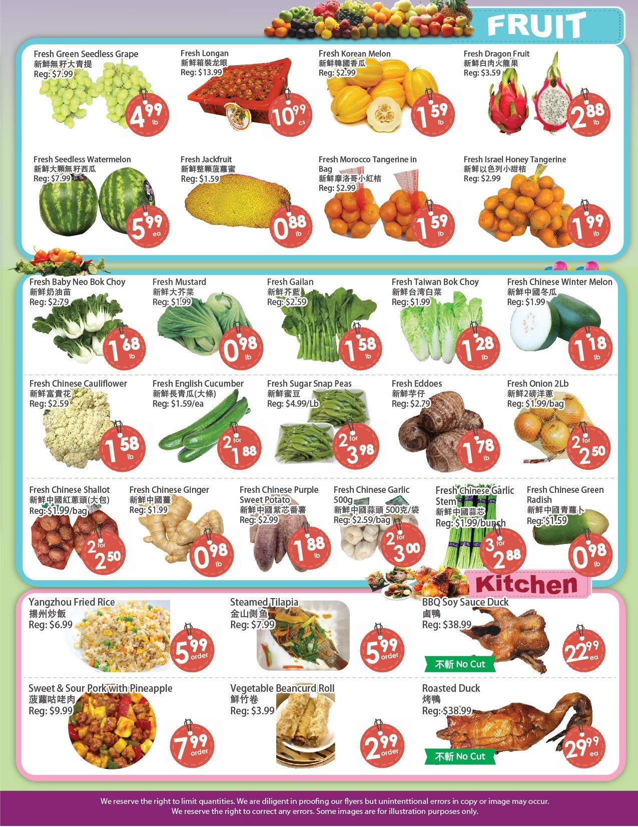 Fresh Palace Supermarket weekly flyer specials, page 3. Featured fruits include Fresh Green Seedless Grape for $4.99/lb, Fresh Longan for $10.99/case, Fresh Korean Melon for $1.59/lb, Fresh Dragon Fruit for $2.88/lb, Fresh Seedless Watermelon for $5.99 each, Fresh Jackfruit for $0.88/lb, Fresh Morocco Tangerine in Bag for $1.59/lb, and Fresh Israel Honey Tangerine for $1.99/lb. Featured vegetables include Fresh Baby Neo Bok Choy for $1.68/lb, Fresh Mustard for $0.98/lb, Fresh Gailand for $1.58/lb, Fresh Taiwan Bok Choy for $1.28/lb, Fresh Chinese Winter Melon for $1.18/lb, Fresh Chinese Cauliflower for $1.58/lb, Fresh English Cucumber for $1.59/each, Fresh Sugar Snap Peas for 2 for $3.98, Fresh Eddoes for $1.78/lb, and Fresh Onion 2Lb bag for 2 for $2.50. Also featured are Fresh Chinese Shallot (large bag) for 2 for $2.50, Fresh Chinese Ginger for $0.98/lb, Fresh Chinese Purple Sweet Potato for $1.88/lb, Fresh Chinese Garlic 500g for 2 for $3.00, Fresh Chinese Garlic Stem for 3 for $2.88, and Fresh Chinese Green Radish for $0.98/lb. The Kitchen section includes Yangzhou Fried Rice for $5.99/order, Steamed Tilapia for $5.99/order, Sweet & Sour Pork with Pineapple for $7.99/order, Vegetable Beancurd Roll for $2.99/order, BBQ Soy Sauce Duck for $22.99 each, and Roasted Duck for $29.99 each.