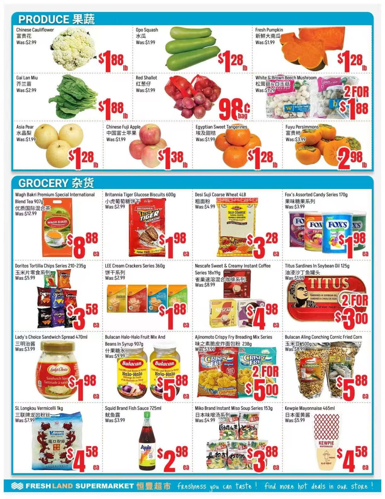 Freshland Supermarket weekly flyer specials page 3. Produce section features Chinese Cauliflower for $1.88/lb, Opo Squash for $1.28/lb, Gai Lan Liu for $1.88/lb, Red Shallot for $0.98/bag, Asia Pear for $1.28/lb, Chinese Fuji Apple for $1.38/lb, Egyptian Sweet Tangerines for $1.28/lb, Fresh Pumpkin for $1.28/lb, and White & Brown Beech Mushroom for 2 for $1.88. Grocery section includes Wagh Bakri Premium Special International Blend Tea 907g for $8.88 ea, Britannia Tiger Glucose Biscuits 600g for $1.98 ea, Desi Suji Coarse Wheat 4LB for $3.28 ea, Fox's Assorted Candy Series 170g for $1.98 ea, Doritos Tortilla Chips Series 210-235g for $3.58 ea, LEE Cream Crackers Series 360g for $1.88 ea, Nescafe Sweet & Creamy Instant Coffee Series 18x19g for $4.98 ea, Titus Sardines in Soybean Oil 125g for 2 for $3.00, Lady's Choice Sandwich Spread 470ml for $1.98 ea, Bulacan Halo-Halo Fruit Mix And Beans In Syrup 907g for 2 for $5.88 ea, Ajinomoto Crispy Fry Breading Mix Series for 2 for $5.00, Bulacan Aling Conching Cornic Fried Corn for $5.88 ea, SL Longkou Vermicelli 1kg for $4.58 ea, Squid Brand Fish Sauce 725ml for $2.98 ea, Miko Brand Instant Miso Soup Series 153g for $3.88 ea, and Kewpie Mayonnaise 465ml for $4.58 ea.