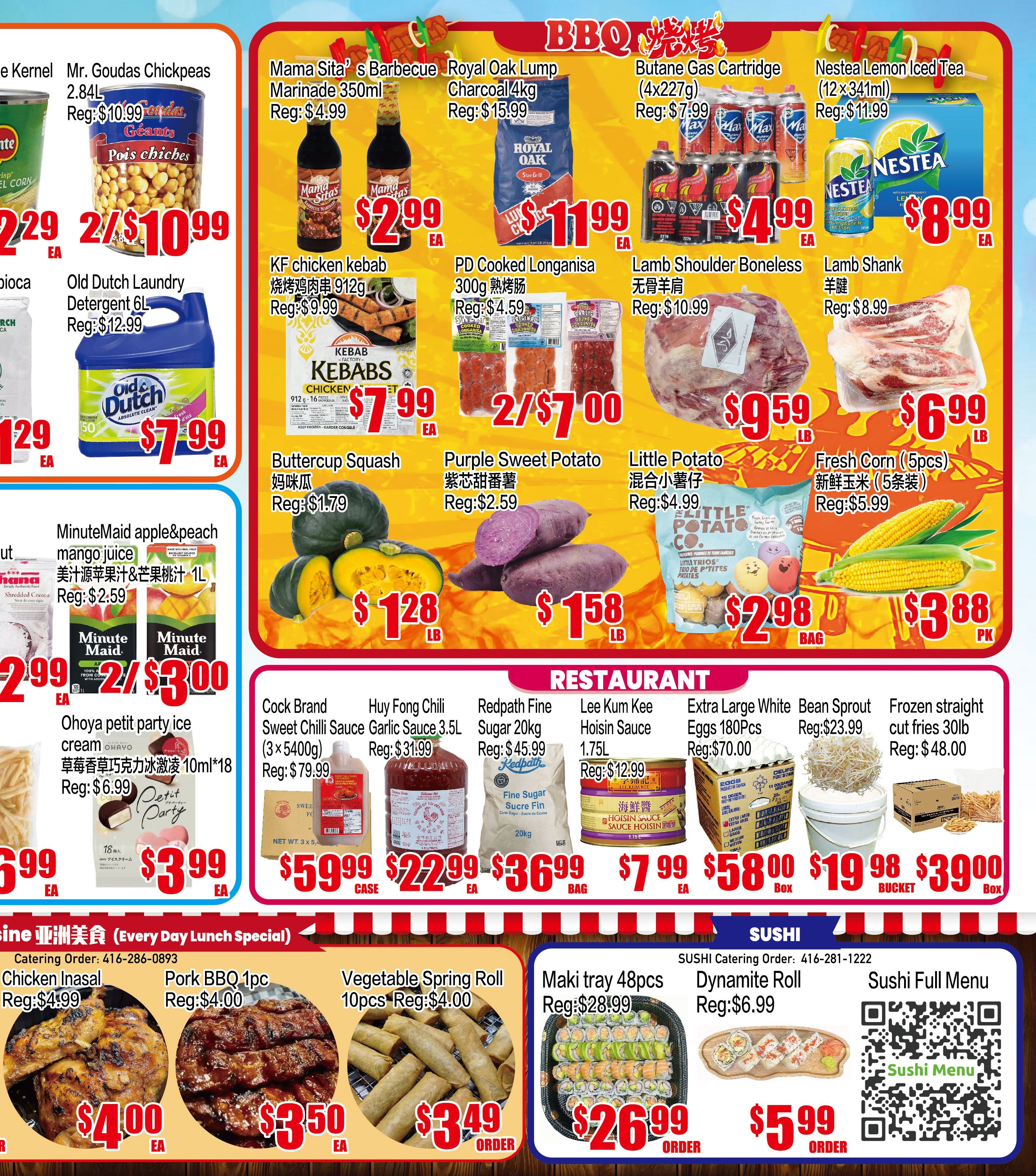 Fusion Supermarket weekly flyer specials page 3. Featuring Mama Sita's Barbecue Marinade for $2.99, Royal Oak Lump Charcoal 4kg for $11.99, and Butane Gas Cartridges (4x227g) for $4.99. Also available are Nestea Lemon Iced Tea (12x341ml) for $8.99, KF chicken kebab 912g for $7.99, PD Cooked Longanisa 300g for $7.00 (2 for $7.00), Lamb Shoulder Boneless for $9.59/lb, and Lamb Shank for $6.99/lb. Produce includes Buttercup Squash for $1.28/lb, Purple Sweet Potato for $1.58/lb, Little Potato 1.5lb bag for $2.98, and Fresh Corn (5pcs) for $3.88/pk. Other items include Mr. Goudas Chickpeas 2.84L for $10.99 (2 for $10.99), Old Dutch Laundry Detergent 6L for $7.99, and Minute Maid apple&peach mango juice 1L for $3.00 (2 for $3.00). Ohoya petit party ice cream 10ml*18 is $3.99. Restaurant section offers Cock Brand Sweet Chilli Sauce (3x5400g) for $59.99/case, Huy Fong Chili Garlic Sauce 3.5L for $22.99/ea, Redpath Fine Sugar 20kg for $36.99/bag, Lee Kum Kee Hoisin Sauce 1.75L for $7.99/ea, Extra Large White Eggs 180pcs for $58.00/box, Bean Sprout for $19.98/bucket, and Frozen straight cut fries 30lb for $39.00/box. Daily Lunch Specials include Chicken Inasal for $4.00/ea, Pork BBQ 1pc for $3.50/ea, and Vegetable Spring Roll 10pcs for $3.49/order. Sushi specials include Maki tray 48pcs for $26.99/order and Dynamite Roll for $5.99/order. A QR code links to the Sushi Full Menu.