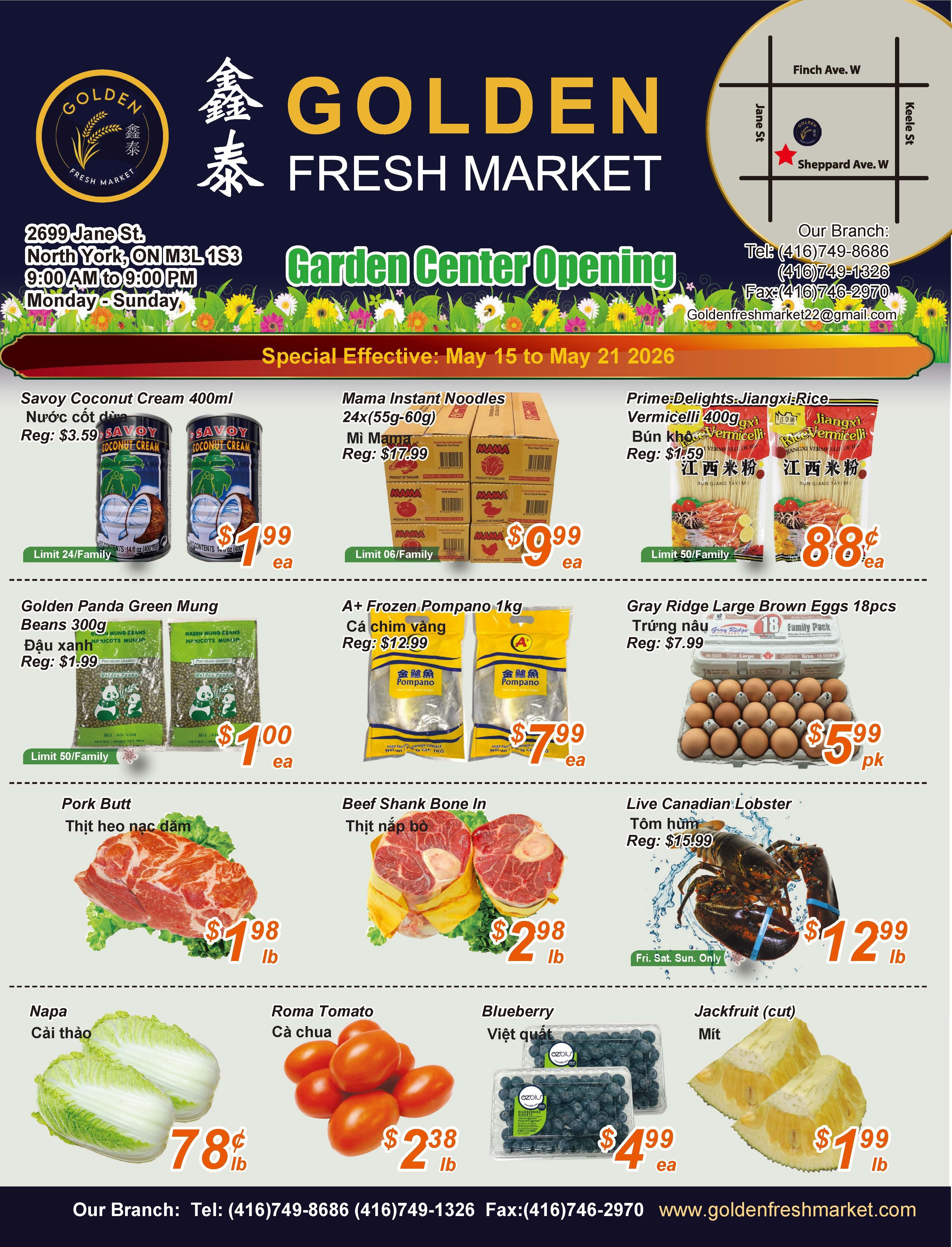 Golden Fresh Market weekly flyer specials, effective May 15 to May 21, 2026. Featured items include Savoy Coconut Cream 400ml for $1.99 each (limit 24/family), Mama Instant Noodles 24x(55g-60g) for $9.99 each (limit 6/family), and Prime Delights Jiangxi Rice Vermicelli 400g for $0.88 each (limit 50/family). Also on sale are Golden Panda Green Mung Beans 300g for $1.00 each (limit 50/family), A+ Frozen Pompano 1kg for $7.99 each, and Gray Ridge Large Brown Eggs 18pcs for $5.99 per pack. Meat specials include Pork Butt for $1.98/lb and Beef Shank Bone In for $2.98/lb. Seafood special is Live Canadian Lobster for $12.99/lb (Fri. Sat. Sun. Only). Produce includes Napa for $0.78/lb, Roma Tomato for $2.38/lb, and Blueberry for $4.99 each. Jackfruit (cut) is available for $1.99/lb. Golden Fresh Market is located at 2699 Jane St, North York, ON M3L 1S3, open daily 9:00 AM to 9:00 PM. Contact number is (416)749-8686.