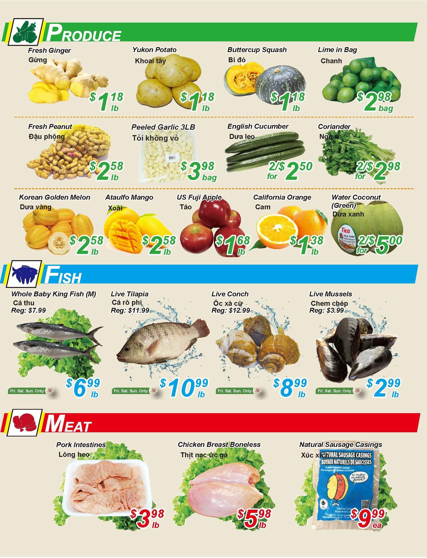 Golden Fresh Market weekly flyer specials page 3 features a Produce section with Fresh Ginger for $1.18/lb, Yukon Potatoes for $1.18/lb, Buttercup Squash for $1.18/lb, and Lime in a Bag for $2.98/bag. Also available are Fresh Peanuts for $2.58/lb, Peeled Garlic 3LB bag for $3.98, English Cucumbers for 2 for $2.50, and Coriander for 2 for $2.98. Additional produce includes Korean Golden Melons for $2.58/lb, Ataulfo Mangoes for $2.58/lb, US Fuji Apples for $1.68/lb, California Oranges for $1.38/lb, and Water Coconuts (Green) for 2 for $5.00. The Fish section offers Whole Baby King Fish (M) for $6.99/lb (Fri-Sun Only), Live Tilapia for $10.99/lb (Fri-Sun Only), Live Conch for $8.99/lb (Fri-Sun Only), and Live Mussels for $2.99/lb (Fri-Sun Only). The Meat section includes Pork Intestines for $3.98/lb, Boneless Chicken Breast for $5.98/lb, and Natural Sausage Casings for $9.99 each.