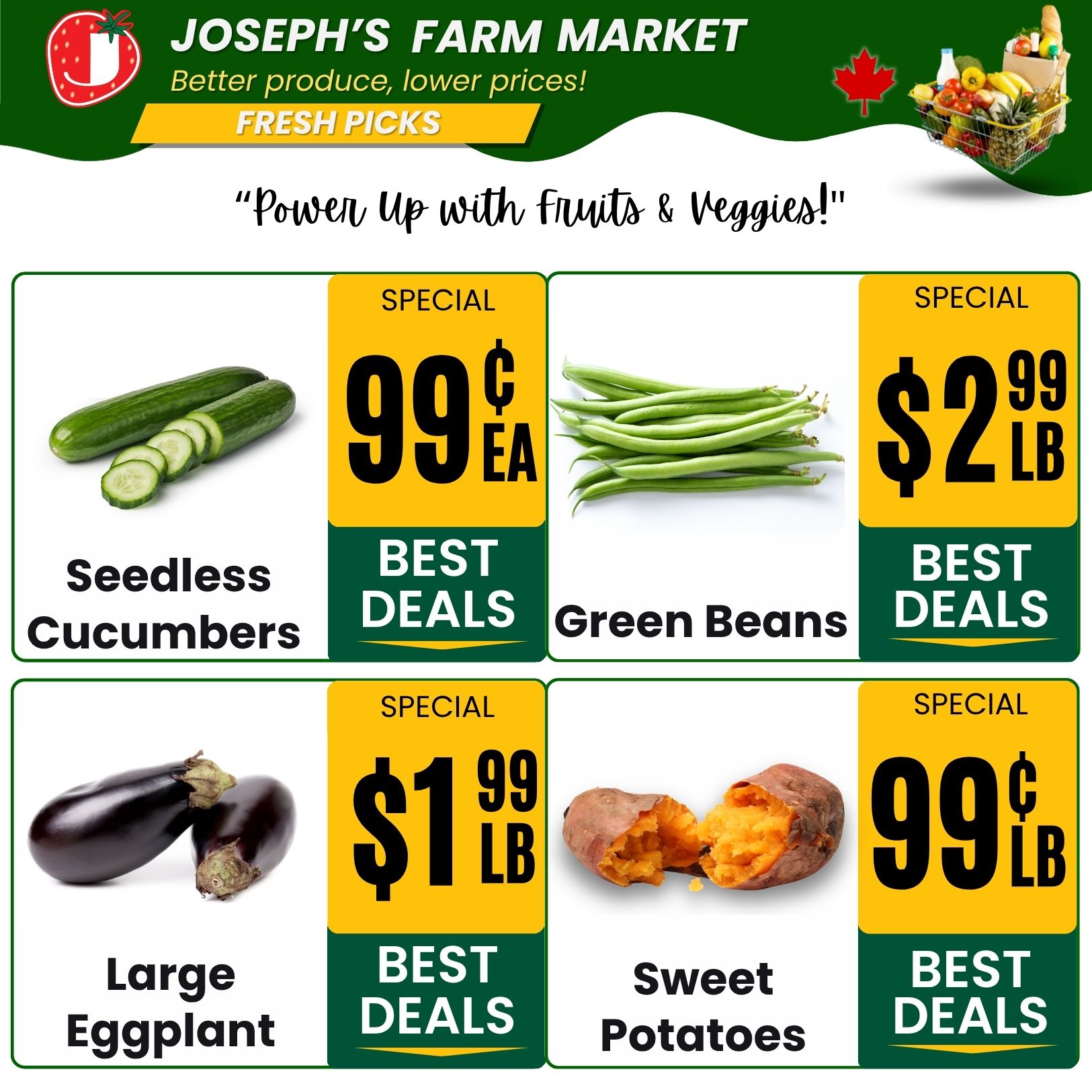 Joseph's Farm Market weekly flyer specials page 2, featuring fresh produce deals. Seedless cucumbers are on special for 99 cents each. Green beans are priced at $2.99 per pound. Large eggplant is available for $1.99 per pound. Sweet potatoes are on special for 99 cents per pound. All items are highlighted as 'Best Deals'.