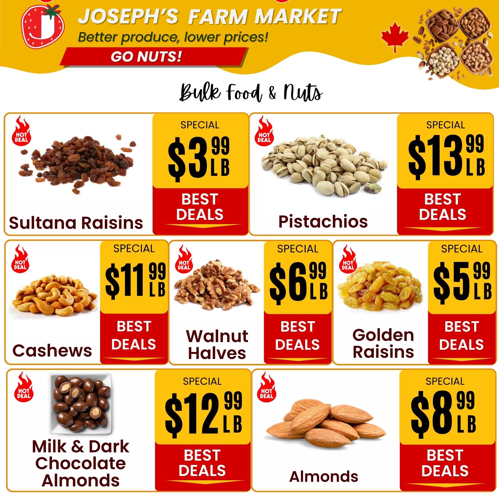 Joseph's Farm Market weekly flyer specials page 6 features Bulk Food & Nuts. Sultana Raisins are on special for $3.99 per lb. Pistachios are $13.99 per lb. Cashews are $11.99 per lb. Walnut Halves are $6.99 per lb. Golden Raisins are $5.99 per lb. Milk & Dark Chocolate Almonds are $12.99 per lb. Almonds are $8.99 per lb. All items are marked as 'Hot Deal' and 'Best Deals'.