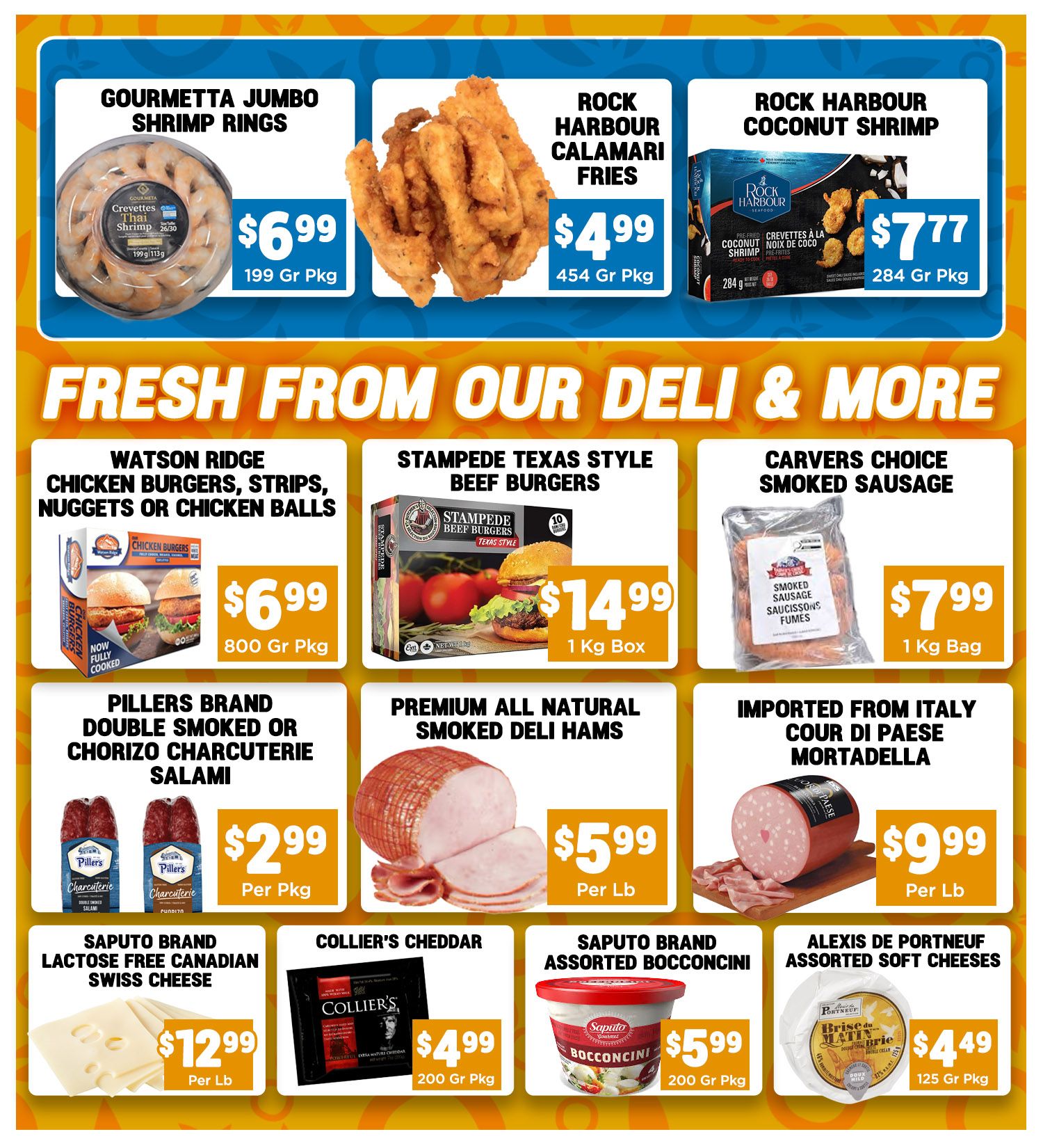 Mercato Fresh weekly flyer specials page 5 features a variety of deli and frozen food items. Top row includes Gourmetta Jumbo Shrimp Rings for $6.99 per 199g package, Rock Harbour Calamari Fries for $4.99 per 454g package, and Rock Harbour Coconut Shrimp for $7.77 per 284g package. The 'Fresh From Our Deli & More' section highlights Watson Ridge Chicken Burgers, Strips, Nuggets or Chicken Balls for $6.99 per 800g package. Stampede Texas Style Beef Burgers are available for $14.99 per 1kg box. Carvers Choice Smoked Sausage is priced at $7.99 per 1kg bag. Middle row features Pillers Brand Double Smoked or Chorizo Charcuterie Salami for $2.99 per package. Premium All Natural Smoked Deli Hams are $5.99 per lb. Imported from Italy Cour Di Paese Mortadella is $9.99 per lb. Bottom row includes Saputo Brand Lactose Free Canadian Swiss Cheese for $12.99 per lb. Collier's Cheddar is $4.99 per 200g package. Saputo Brand Assorted Bocconcini is $5.99 per 200g package. Alexis de Portneuf Assorted Soft Cheeses are $4.49 per 125g package.