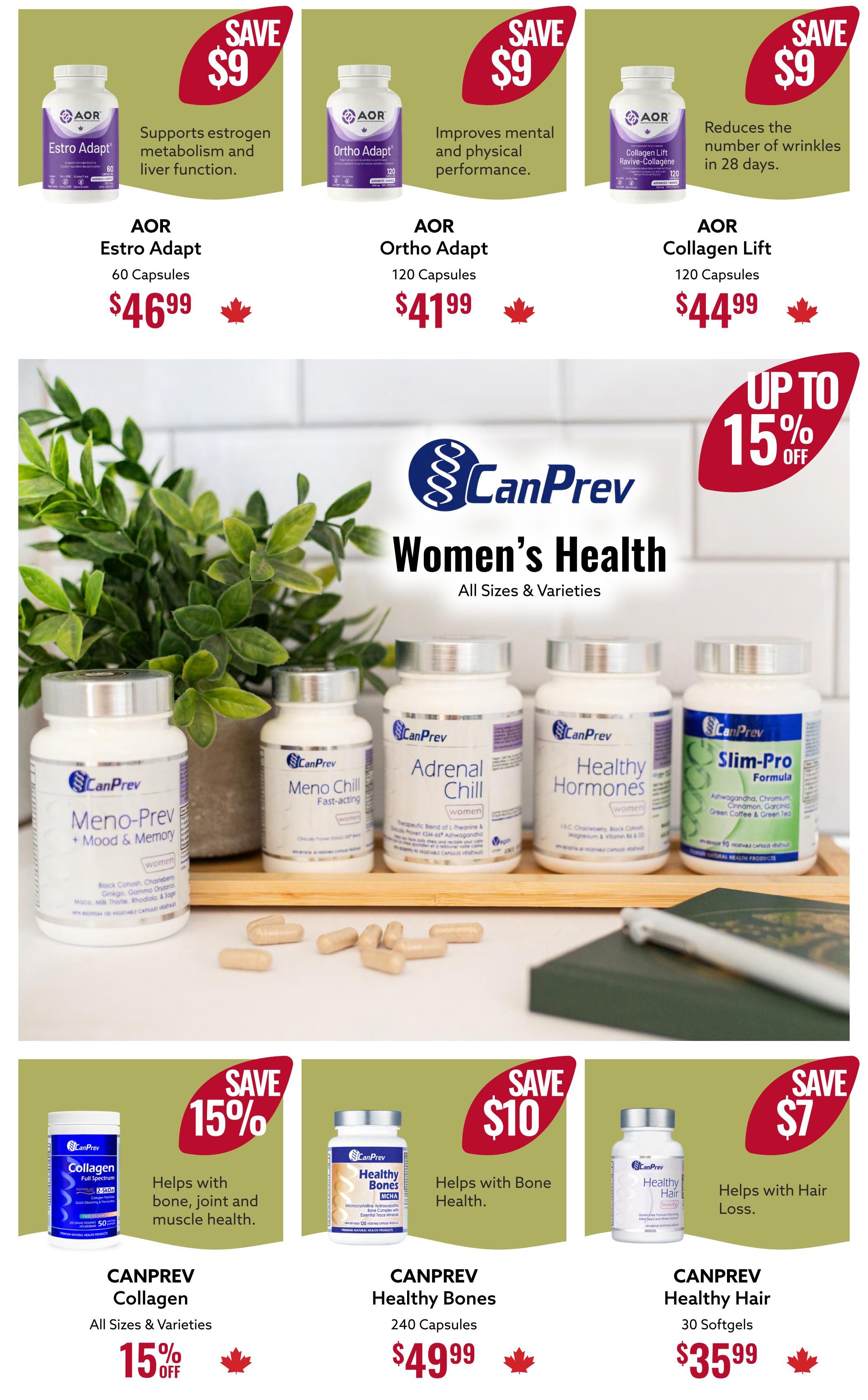 Nutter's Bulk & Natural Foods flyer specials page 2. Top row features AOR supplements with savings: Estro Adapt 60 capsules for $46.99 (save $9), Ortho Adapt 120 capsules for $41.99 (save $9), and Collagen Lift 120 capsules for $44.99 (save $9). The middle section highlights CanPrev Women's Health products with up to 15% off, including Meno-Prev + Mood & Memory, Meno Chill fast-acting, Adrenal Chill, Healthy Hormones, and Slim-Pro Formula. The bottom row showcases CanPrev products with savings: Collagen Full Spectrum (all sizes & varieties) with 15% off, Healthy Bones 240 capsules for $49.99 (save $10), and Healthy Hair 30 softgels for $35.99 (save $7).