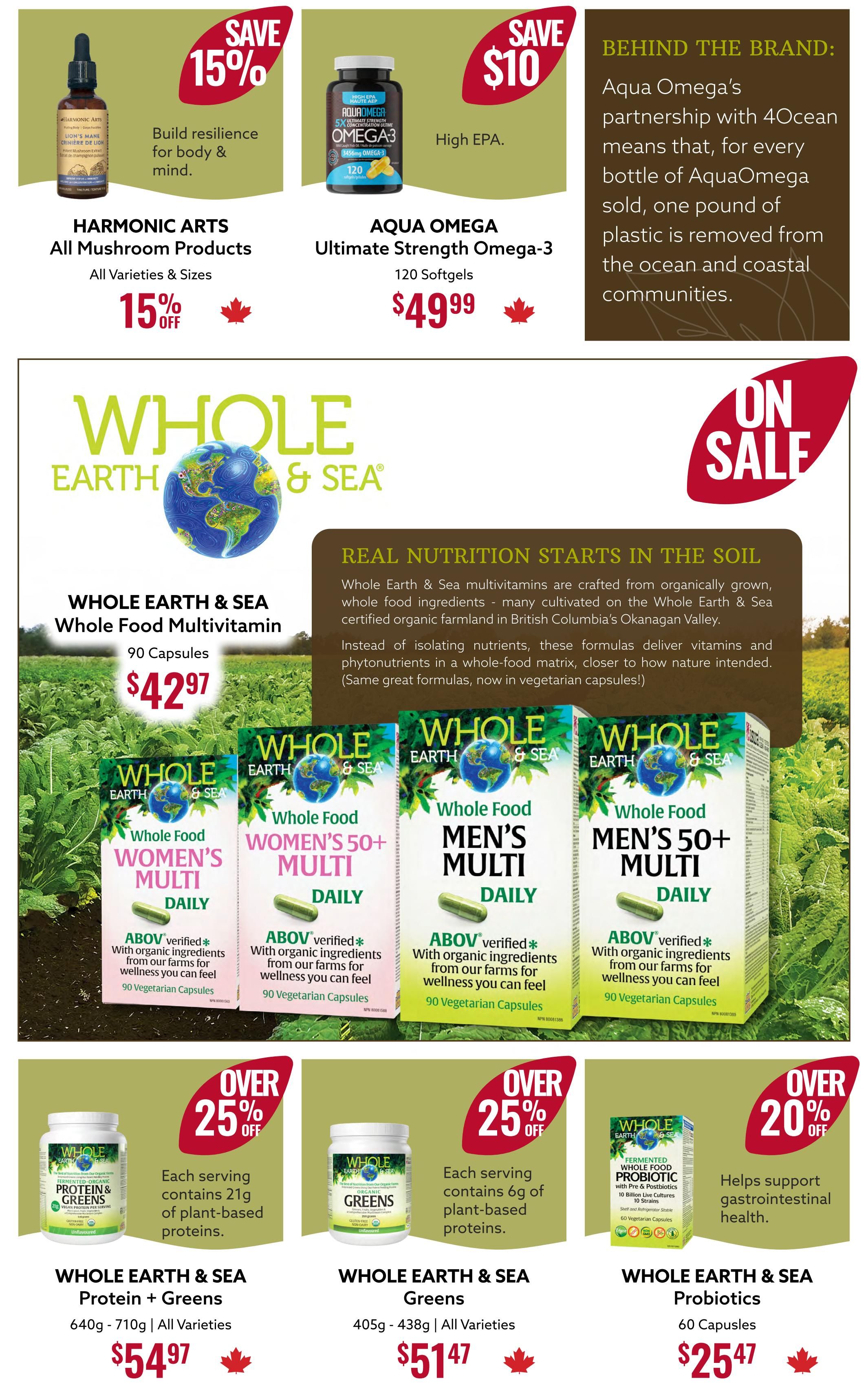 Nutter's Bulk & Natural Foods flyer specials page 3 features Harmonic Arts All Mushroom Products with a 15% off saving, and Aqua Omega Ultimate Strength Omega-3 120 softgels for $49.99. The page also highlights Whole Earth & Sea Whole Food Multivitamin 90 capsules for $42.97, along with various Whole Earth & Sea daily multivitamins including Women's Multi, Women's 50+ Multi, Men's Multi, and Men's 50+ Multi, all in 90 vegetarian capsules. Additionally, Whole Earth & Sea Protein + Greens (640g - 710g) is on sale with over 25% off, priced at $54.97. Whole Earth & Sea Greens (405g - 438g) are also over 25% off, selling for $51.47. Finally, Whole Earth & Sea Probiotics 60 capsules are over 20% off, available for $25.47, with a note that they help support gastrointestinal health.