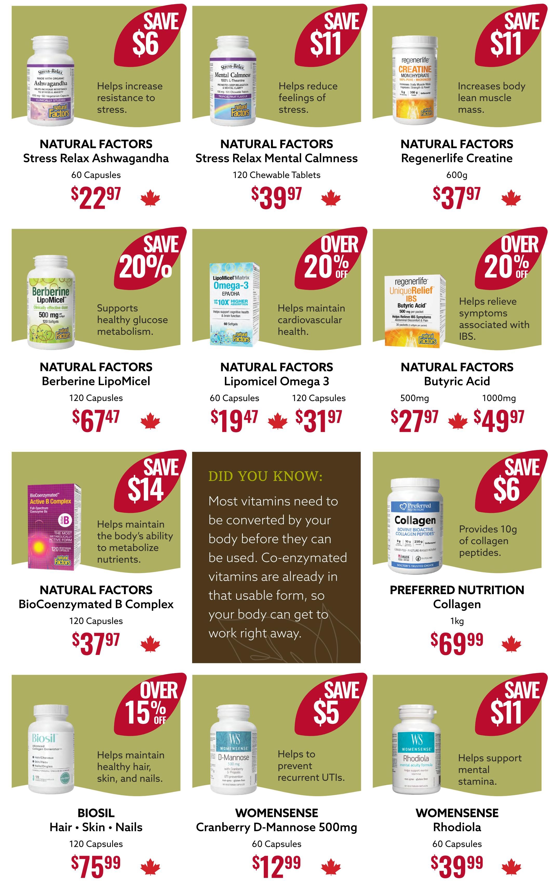 Nutter's Bulk & Natural Foods flyer specials page 4. Features Natural Factors Stress Relax Ashwagandha, 60 capsules for $22.97, saving $6. Natural Factors Stress Relax Mental Calmness, 120 chewable tablets for $39.97, saving $11. Natural Factors Regenerlife Creatine, 600g for $37.97, saving $11. Natural Factors Berberine LipoMicel, 120 capsules for $67.47, saving 20% off. Natural Factors Lipomicel Omega 3, 60 capsules for $19.47 and 120 capsules for $31.97, saving over 20% off. Natural Factors UniqueRelief IBS Butyric Acid, 500mg for $27.97 and 1000mg for $49.97, saving over 20% off. Natural Factors BioCoenzymated B Complex, 120 capsules for $37.97, saving $14. Preferred Nutrition Collagen, 1kg for $69.99, saving $6. Biosil Hair Skin Nails, 120 capsules for $75.99, with over 15% off. Womensense Cranberry D-Mannose 500mg, 60 capsules for $12.99, saving $5. Womensense Rhodiola, 60 capsules for $39.99, saving $11. Includes a 'Did You Know' section about co-enzymated vitamins.