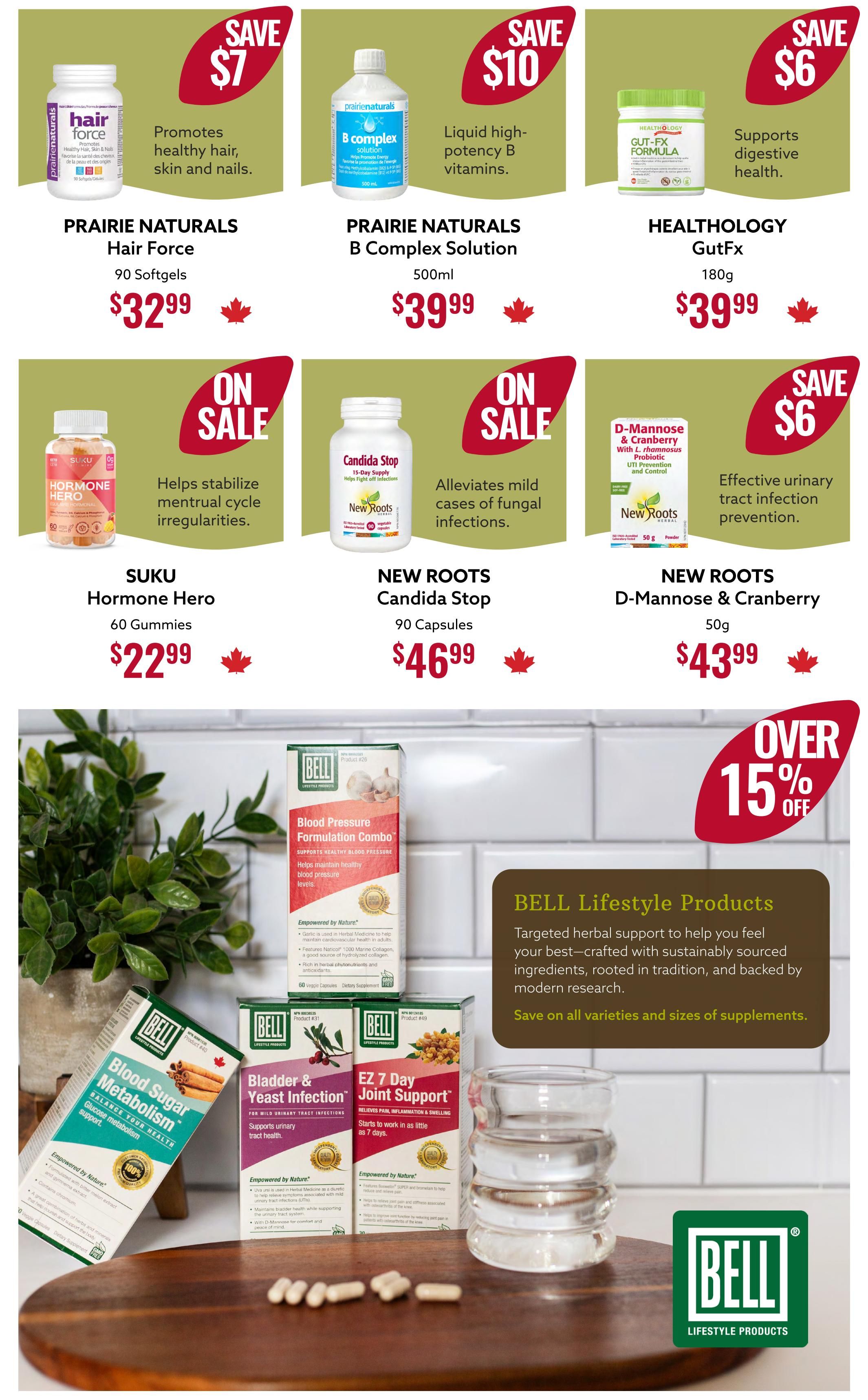 Page 6 of Nutter's Bulk & Natural Foods flyer featuring various health supplements. Top row includes Prairie Naturals Hair Force, 90 softgels for $32.99 (Save $7), Prairie Naturals B Complex Solution, 500ml for $39.99 (Save $10), and Healthology GutFx, 180g for $39.99 (Save $6). Bottom row displays Suku Hormone Hero, 60 gummies on sale for $22.99, New Roots Candida Stop, 90 capsules for $46.99 on sale, and New Roots D-Mannose & Cranberry, 50g powder for $43.99 (Save $6). The lower section highlights Bell Lifestyle Products with an 'Over 15% Off' graphic. Featured Bell products include Blood Pressure Formulation Combo, Blood Sugar Metabolism, Bladder & Yeast Infection, and EZ 7 Day Joint Support. The text emphasizes targeted herbal support crafted from sustainably sourced ingredients.