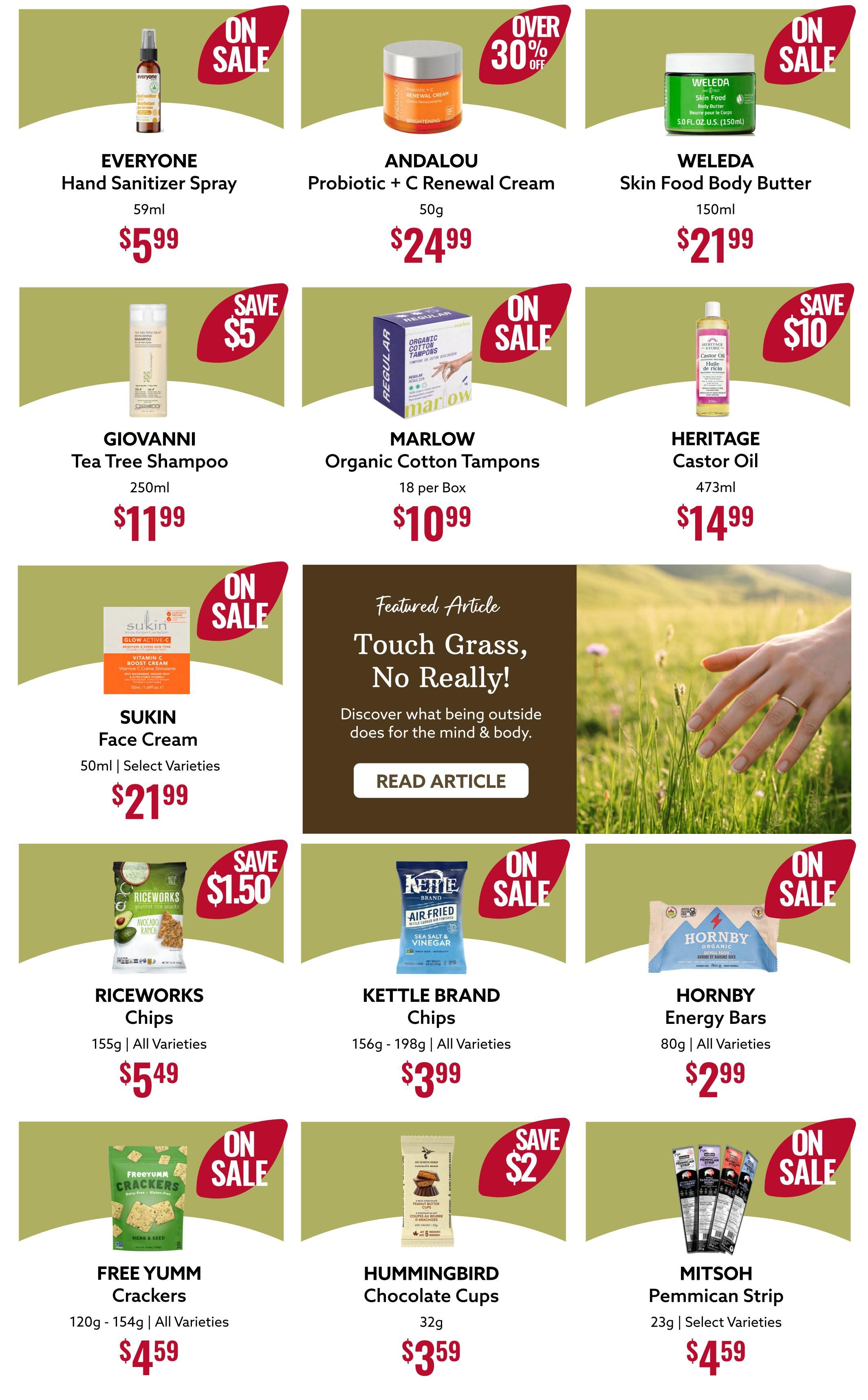 Nutter's Bulk & Natural Foods flyer specials page 8 features a variety of health and wellness products. On sale items include EVERYONE Hand Sanitizer Spray for $5.99, ANDALOU Probiotic + C Renewal Cream for $24.99 (over 30% off), WELEDA Skin Food Body Butter for $21.99, GIOVANNI Tea Tree Shampoo for $11.99 (save $5), MARLOW Organic Cotton Tampons for $10.99, HERITAGE Castor Oil for $14.99 (save $10), SUKIN Face Cream for $21.99, RICEWORKS Chips for $5.49 (save $1.50), KETTLE BRAND Chips for $3.99, HORNY Energy Bars for $2.99, FREE YUMM Crackers for $4.59, HUMMINGBIRD Chocolate Cups for $3.59 (save $2), and MITZOH Pemmican Strip for $4.59. The page also features an article titled 'Touch Grass, No Really!' about the benefits of being outdoors.
