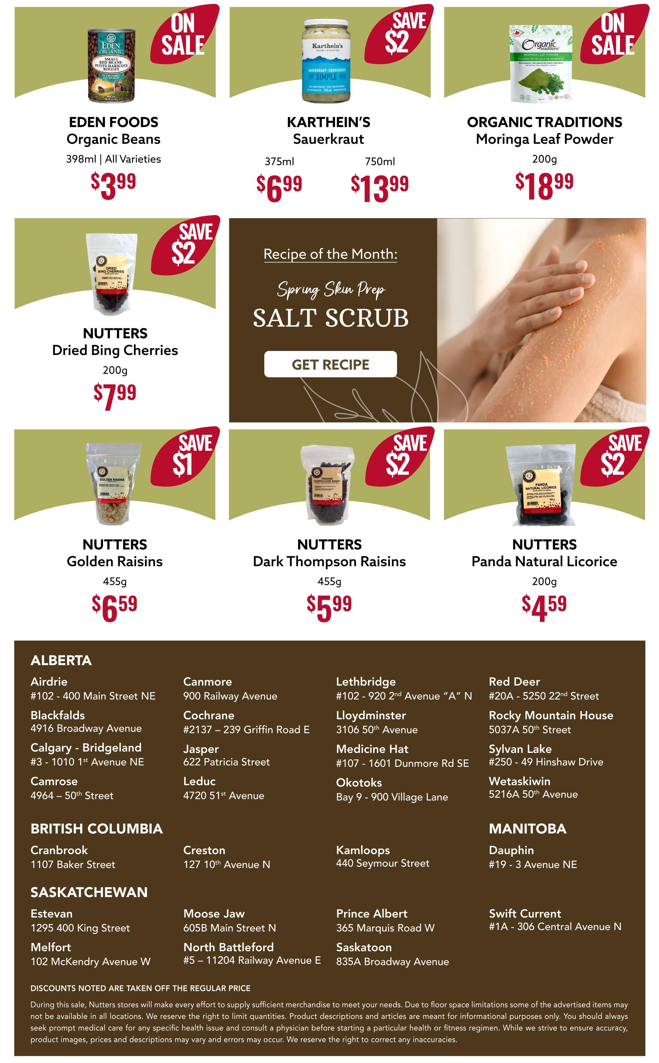 Nutter's Bulk & Natural Foods flyer page 10 features Eden Foods Organic Beans for $3.99, Karthein's Sauerkraut in 375ml for $6.99 and 750ml for $13.99, and Organic Traditions Moringa Leaf Powder 200g for $18.99. Also on sale are Nutters Dried Bing Cherries 200g for $7.99 (save $2), Nutters Golden Raisins 455g for $6.59 (save $1), Nutters Dark Thompson Raisins 455g for $5.99 (save $2), and Nutters Panda Natural Licorice 200g for $4.59 (save $2). The page also includes a recipe for Spring Skin Prep Salt Scrub. Store locations across Alberta, British Columbia, Saskatchewan, and Manitoba are listed at the bottom.