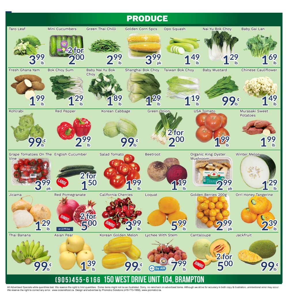 Oceans Fresh Food Market weekly flyer specials for Brampton West Drive. Page 2 features a variety of fresh produce. Highlights include Taro Leaf at $3.99/lb, Mini Cucumbers 2 for $2.00, Green Thai Chilli at $2.99/lb, Golden Corn 5pcs for $3.99/pk, Opo Squash at $1.49/lb, Nai Yu Bok Choy at $1.29/lb, and Baby Gai Lan at $1.69/lb. Also available are Fresh Ghana Yam at $1.99/lb, Bok Choy Sum at $1.29/lb, Baby Nai Yu Bok Choy at $1.89/lb, Shanghai Bok Choy at $1.29/lb, Taiwan Bok Choy at $1.19/lb, Baby Mustard at $0.99/lb, and Chinese Cauliflower at $1.49/lb. Other produce includes Kohlrabi at $0.99/lb, Red Pepper at $2.99/lb, Korean Cabbage at $0.99/lb, Green Onion at $0.99/lb, USA Tomato at $1.99/lb, and Murasaki Sweet Potatoes at $1.99/lb. Additionally, find Grape Tomatoes On The Vine at $3.99/pk, English Cucumber (large) 2 for $1.50, Salad Tomato at $1.99/lb, Beetroot at $1.19/lb, Organic King Oyster Mushroom at $2.99/pk, and Winter Melon at $1.29/lb. Featured fruits and vegetables are Jicama at $1.29/lb, Red Pomegranate (Jumbo) 2 for $5.00 or $2.99/ea, California Cherries (Jumbo) at $3.99/lb, Loquat at $5.99/lb, Golden Berries 200g at $2.99/pk, Orri Orange Tangerine at $2.39/lb, Thai Banana at $0.99/lb, Asian Pear at $1.39/lb, Korean Golden Melon at $0.99/lb, Lychee With Stem at $7.99/lb (by air), Cantaloupe 2 for $5.00, and Jackfruit at $0.99/lb. The store is located at 150 West Drive Unit 104, Brampton, with phone number (905)455-6166.