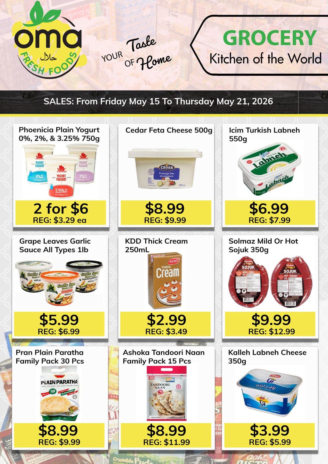 Oma Fresh Foods weekly flyer specials page 2, valid May 15 to May 21, 2026. Featured products include Phoenicia Plain Yogurt (0%, 2%, & 3.25% 750g) for 2 for $6, Cedar Feta Cheese 500g for $8.99, and Icim Turkish Labneh 550g for $6.99. Also available are Grape Leaves Garlic Sauce All Types 1lb for $5.99, KDD Thick Cream 250mL for $2.99, and Solmaz Mild Or Hot Sojuk 350g for $9.99. Additionally, Pran Plain Paratha Family Pack 30 Pcs is $8.99, Ashoka Tandoori Naan Family Pack 15 Pcs is $8.99, and Kalleh Labneh Cheese 350g is $3.99.