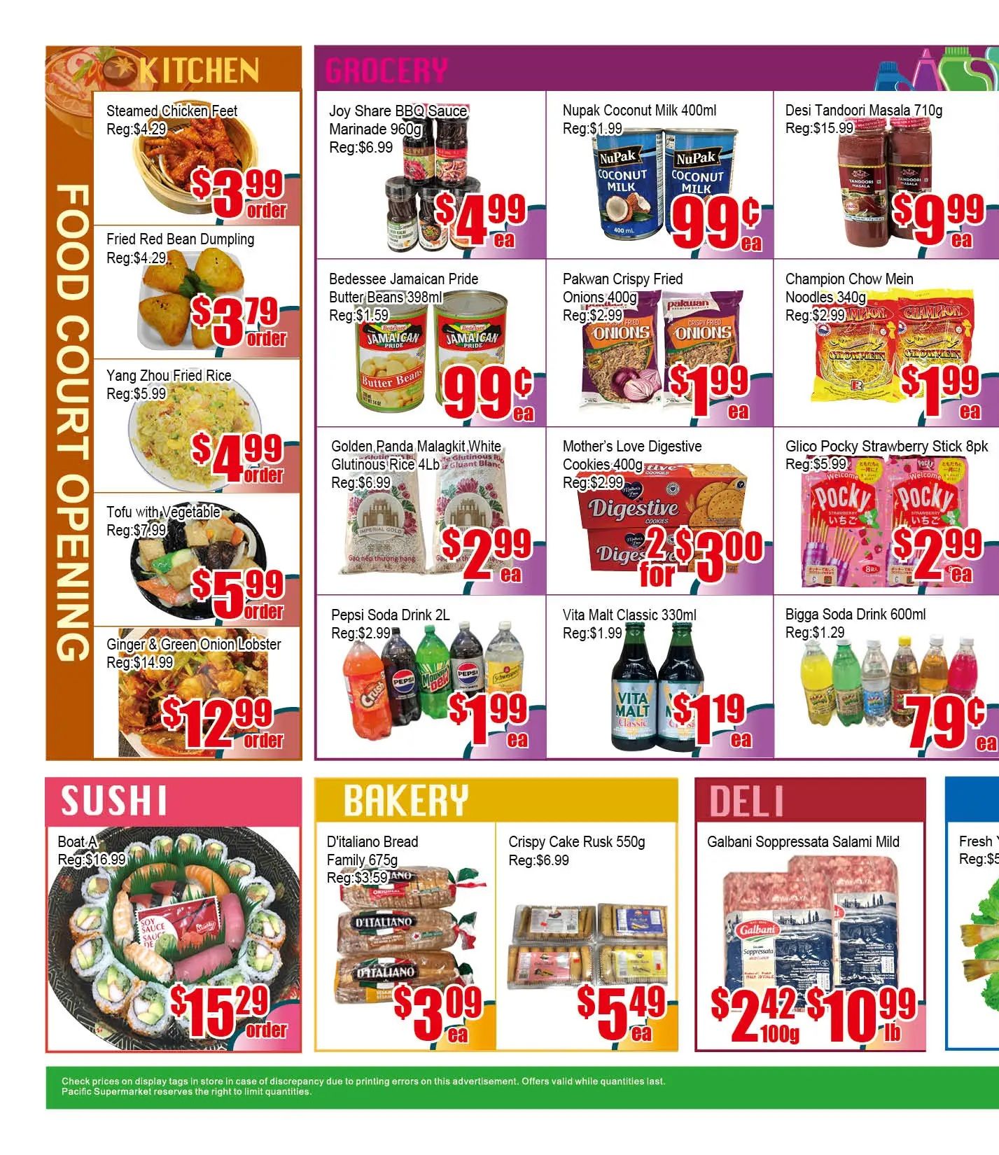 Pacific Fresh Food Market weekly flyer specials page 2. Food Court section features Steamed Chicken Feet for $3.99, Fried Red Bean Dumpling for $3.79, Yang Zhou Fried Rice for $4.99, Tofu with Vegetable for $5.99, and Ginger & Green Onion Lobster for $12.99. Grocery section includes Joy Share BBQ Sauce Marinade 960g for $4.99, Beddessee Jamaican Pride Butter Beans 398ml for $0.99, Nupak Coconut Milk 400ml for $0.99, Pakwan Crispy Fried Onions 400g for $1.99, Desi Tandoori Masala 710g for $9.99, Champion Chow Mein Noodles 340g for $1.99, Golden Panda Malagkit White Glutinous Rice 4lb for $2.99, Mother's Love Digestive Cookies 400g for 2 for $3.00, Glico Pocky Strawberry Stick 8pk for $2.99, Pepsi Soda Drink 2L for $1.99, Vita Malt Classic 330ml for $1.19, and Bigga Soda Drink 600ml for $0.79. Sushi section offers Boat A Sushi for $15.29. Bakery section has D'italiano Bread Family 675g for $3.09 and Crispy Cake Rusk 550g for $5.49. Deli section features Galbani Soppressata Salami Mild for $2.42 per 100g or $10.99 per lb. Fresh Yellow Croaker is also available.