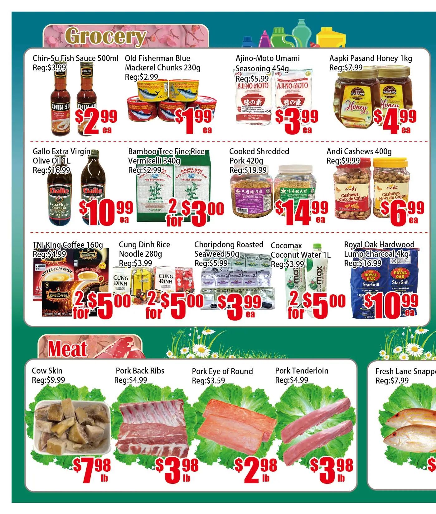 Pacific Fresh Food Market weekly flyer specials page 2. Grocery section features Chin-Su Fish Sauce 500ml for $2.99, Old Fisherman Blue Mackerel Chunks 230g for $1.99, Ajino-Moto Umami Seasoning 454g for $3.99, and Aapki Pasand Honey 1kg for $4.99. Also available are Gallo Extra Virgin Olive Oil 1L for $10.99, Bamboo Tree Fine Rice Vermicelli 340g for 2 for $3.00, Cooked Shredded Pork 420g for $14.99, and Andi Cashews 400g for $6.99. Additional grocery items include TNI King Coffee 160g for 2 for $5.00, Cung Dinh Rice Noodle 280g for 2 for $5.00, Choripdong Roasted Seaweed 50g for $3.99, Cocomax Coconut Water 1L for 2 for $5.00, and Royal Oak Hardwood Lump Charcoal 4kg for $10.99. The Meat section offers Cow Skin for $7.98 per lb, Pork Back Ribs for $3.98 per lb, Pork Eye of Round for $2.98 per lb, Pork Tenderloin for $3.98 per lb, and Fresh Lane Snapper for $5.98 per lb.