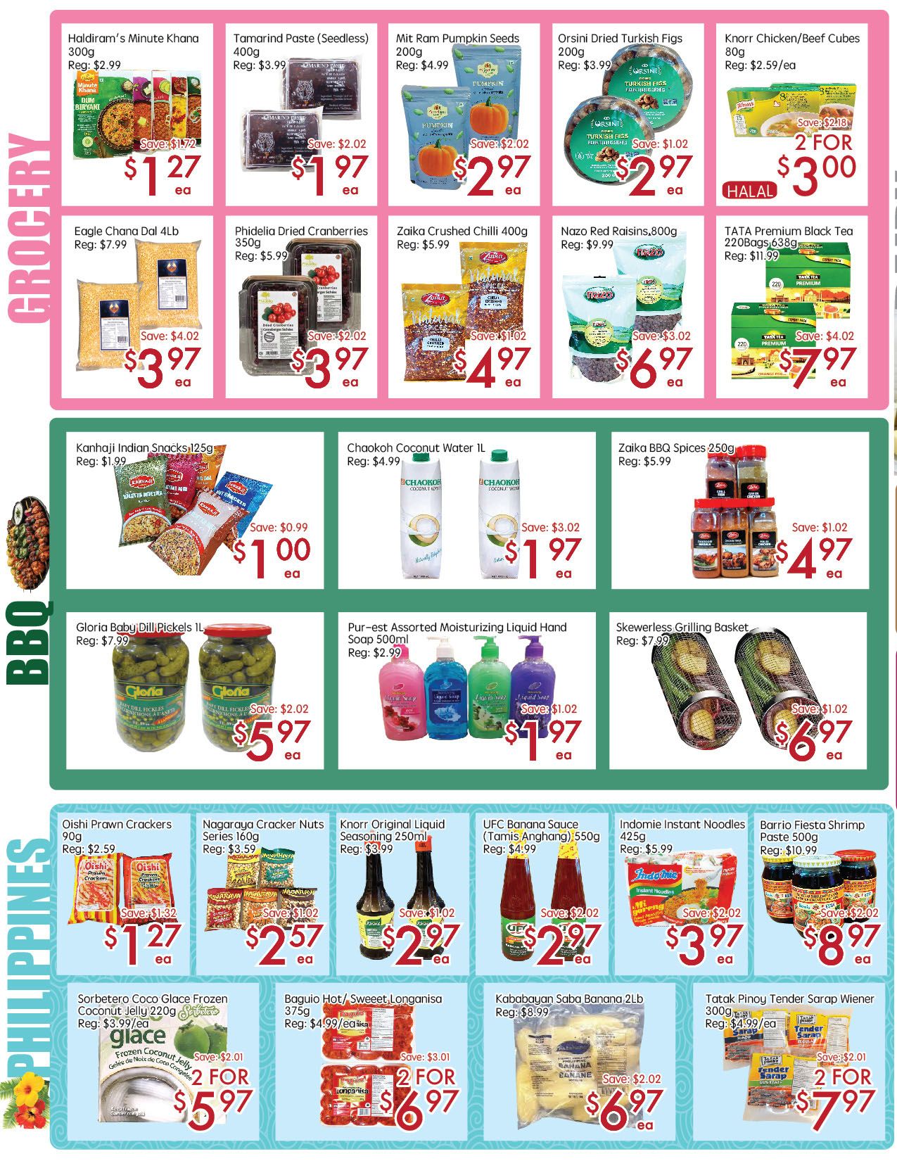 Sunny Foodmart weekly flyer specials for the Don Mills store, page 2. Grocery section features Haldiram's Minute Khana for $1.27, Tamarind Paste for $1.97, Mit Ram Pumpkin Seeds for $2.97, Orsini Dried Turkish Figs for $2.97, and Knorr Chicken/Beef Cubes 2 for $3.00. Also available are Eagle Chana Dal 4Lb for $3.97, Phidelia Dried Cranberries 350g for $3.97, Zaika Crushed Chilli 400g for $4.97, Nazo Red Raisins 800g for $6.97, and TATA Premium Black Tea 220 Bags for $7.97. Further down, find Kanhaji Indian Snacks 125g for $1.00, Chaokoh Coconut Water 1L for $1.97, and Zaika BBQ Spices 250g for $4.97. The BBQ section includes Gloria Baby Dill Pickles 1L for $5.97 and Pur-est Assorted Moisturizing Liquid Hand Soap 500ml for $1.97. A Skewerless Grilling Basket is priced at $6.97. The Philippines section offers Oishi Prawn Crackers 90g for $1.27, Nagaraya Cracker Nuts Series 160g for $2.57, Knorr Original Liquid Seasoning 250ml for $2.97, and UFC Banana Sauce 550g for $2.97. Additionally, Indomie Instant Noodles 425g are $3.97 and Barrio Fiesta Shrimp Paste 500g is $8.97. Finally, Sorbetero Coco Glace Frozen Coconut Jelly 220g is 2 for $5.97, Baguio Hot/Sweet Longanisa 375g is 2 for $6.97, Kababayan Saba Banana 2Lb is $6.97, and Tatak Pinoy Tender Sarap Wiener 300g is 2 for $7.97.
