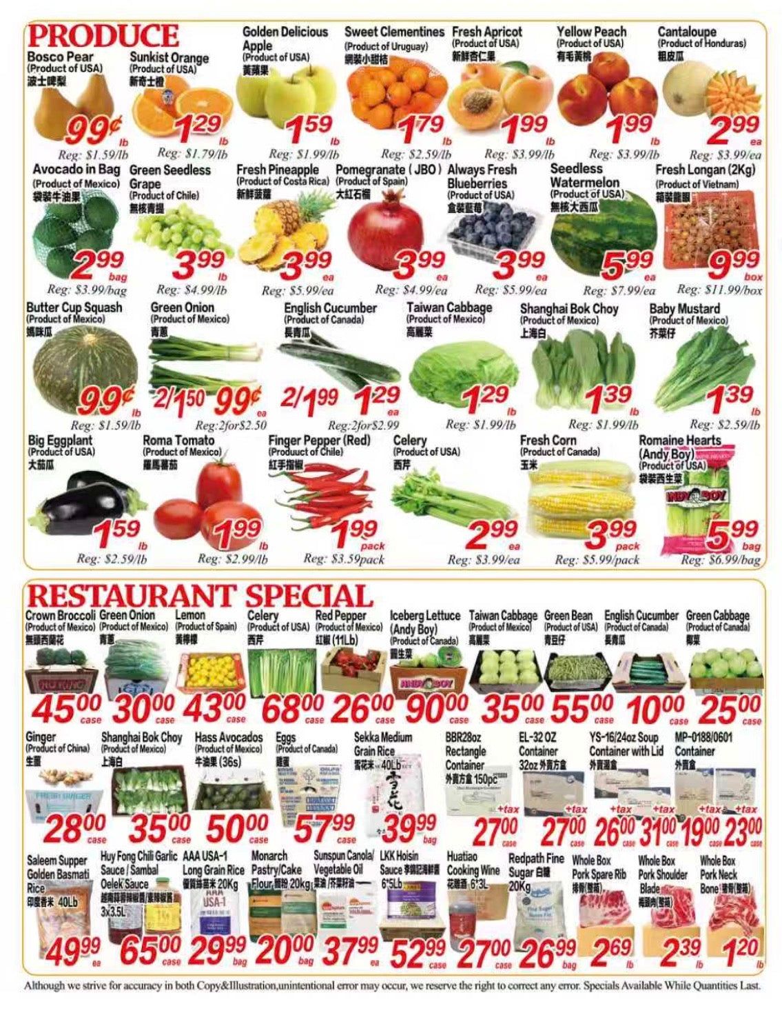 Superking Supermarket weekly flyer specials for London, page 2. Produce section features: Bosco Pear for $0.99/lb, Sunkist Orange for $1.29/lb, Golden Delicious Apple for $1.59/lb, Sweet Clementines for $1.79/lb, Fresh Apricot for $1.99/lb, Yellow Peach for $1.99/lb, Cantaloupe for $2.99/ea, Avocado in Bag for $2.99/bag, Green Seedless Grape for $3.99/lb, Fresh Pineapple for $3.99/ea, Pomegranate (JBO) for $3.99/ea, Always Fresh Blueberries for $3.99/ea, Seedless Watermelon for $5.99/ea, Fresh Longan (2kg) for $9.99/box. Also available: Butter Cup Squash for $2.99/lb, Green Onion for $3.99/lb, English Cucumber for $3.99/lb, Taiwan Cabbage for $5.99/lb, Shanghai Bok Choy for $7.99/lb, Baby Mustard for $11.99/box. Big Eggplant for $1.59/lb, Roma Tomato for $2/1.50 (Reg: $1.59/lb), Finger Pepper (Red) for $2/1.99 (Reg: $2.99/lb), Celery for $1.29/lb, Fresh Corn for $3.99/pack, Romaine Hearts (Andy Boy) for $5.99/bag. Restaurant Special section includes: Crown Broccoli, Green Onion, Lemon, Celery, Red Pepper, Iceberg Lettuce, Taiwan Cabbage, Green Bean, English Cucumber, Green Cabbage, all priced at $45.00/case, $30.00/case, $43.00/case, $68.00/case, $26.00/case, $90.00/case, $35.00/case, $55.00/case, $10.00/case, $25.00/case respectively. Other specials: Ginger for $28.00/case, Shanghai Bok Choy for $35.00/case, Hass Avocados for $50.00/case, Eggs (Product of Canada) for $57.99/case, Sekka Medium Grain Rice for $39.99/bag, BBR28oz Rectangle Container for $27.00/case, EL-32 OZ Container for $26.00/case, YS-16/24oz Soup Container with Lid for $31.00/case, MP-0188/0601 Container for $19.00/case. Also featured: Saleem Supper Golden Basmati Rice for $49.99/bag, Huy Fong Chili Garlic Sauce for $65.00/case, AAA USA-1 Oelek Sauce for $29.99/case, Long Grain Rice Pancake/Cake for $20.00/bag, Sunsun Canola Oil for $37.99/ea, LKK Hoisin Sauce for $52.99/case, Huatiao Cooking Wine for $27.00/case, Redpath Fine Sugar for $26.99/bag, Whole Box Pork Spare Rib for $2.69/lb, Whole Box Pork Shoulder for $2.39/lb, Whole Box Pork Neck Bone for $1.20/lb.
