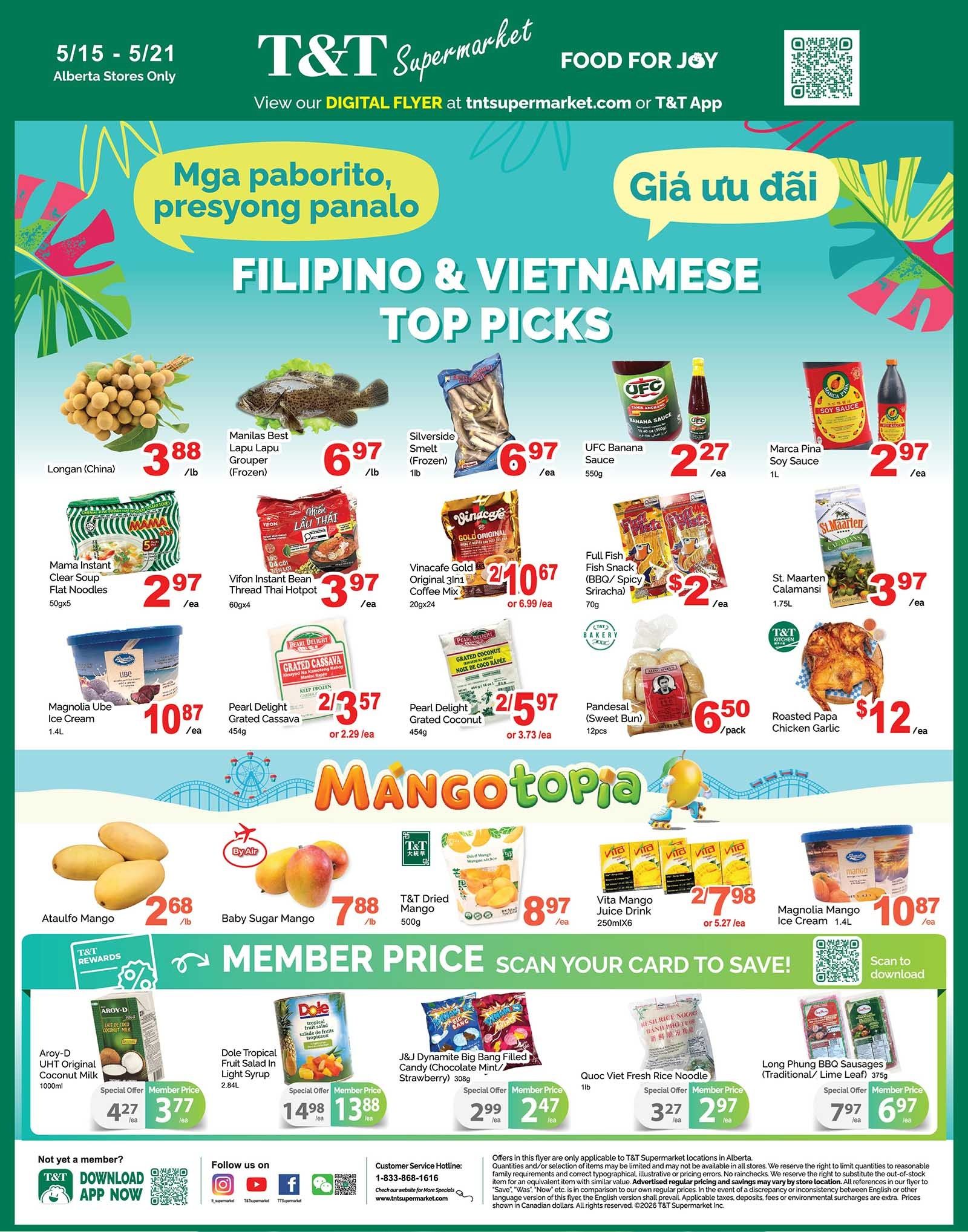 T&T Supermarket Alberta flyer page 5 featuring Filipino & Vietnamese Top Picks. Longan (China) is $3.88/lb. Manilas Best Lapu Lapu Grouper (Frozen) is $6.97/lb. Silverside Smelt (Frozen) is $6.97/lb. UFC Banana Sauce is $2.27/ea. Marca Pina Soy Sauce is $2.97/ea. Mama Instant Clear Soup Flat Noodles are $2.97/ea. Vifon Instant Bean Thread Thai Hotpot is $3.97/ea. Vinacafe Gold Original 3in1 Coffee Mix is 2 for $10.67 or $6.99/ea. Full Fish Fish Snack (BBQ/Spicy Sriracha) is $2.97/ea. St. Maarten Calamansi is $3.97/ea. Magnolia Ube Ice Cream is $10.87/ea. Pearl Delight Grated Cassava is 2 for $3.57 or $2.29/ea. Pearl Delight Grated Coconut is 2 for $5.97 or $3.73/ea. Pandesal (Sweet Bun) is $6.50/pack. Roasted Papa Chicken Garlic is $12.00/ea. The flyer also highlights 'Mangotopia' with Ataulfo Mangoes at $2.68/lb, Baby Sugar Mangoes at $7.88/lb, and T&T Dried Mango for $8.97/ea. Vita Mango Juice Drink is 2 for $7.98 or $5.27/ea. Magnolia Mango Ice Cream is $10.87/ea. Member prices are featured for Aroy-D UHT Original Coconut Milk at $3.77/ea, Dole Tropical Fruit Salad in Light Syrup at $13.88/ea, J&J Dynamite Big Bang Filled Candy at $2.47/ea, Quoc Viet Fresh Rice Noodle at $2.97/ea, and Long Phung BBQ Sausages at $6.97/ea.