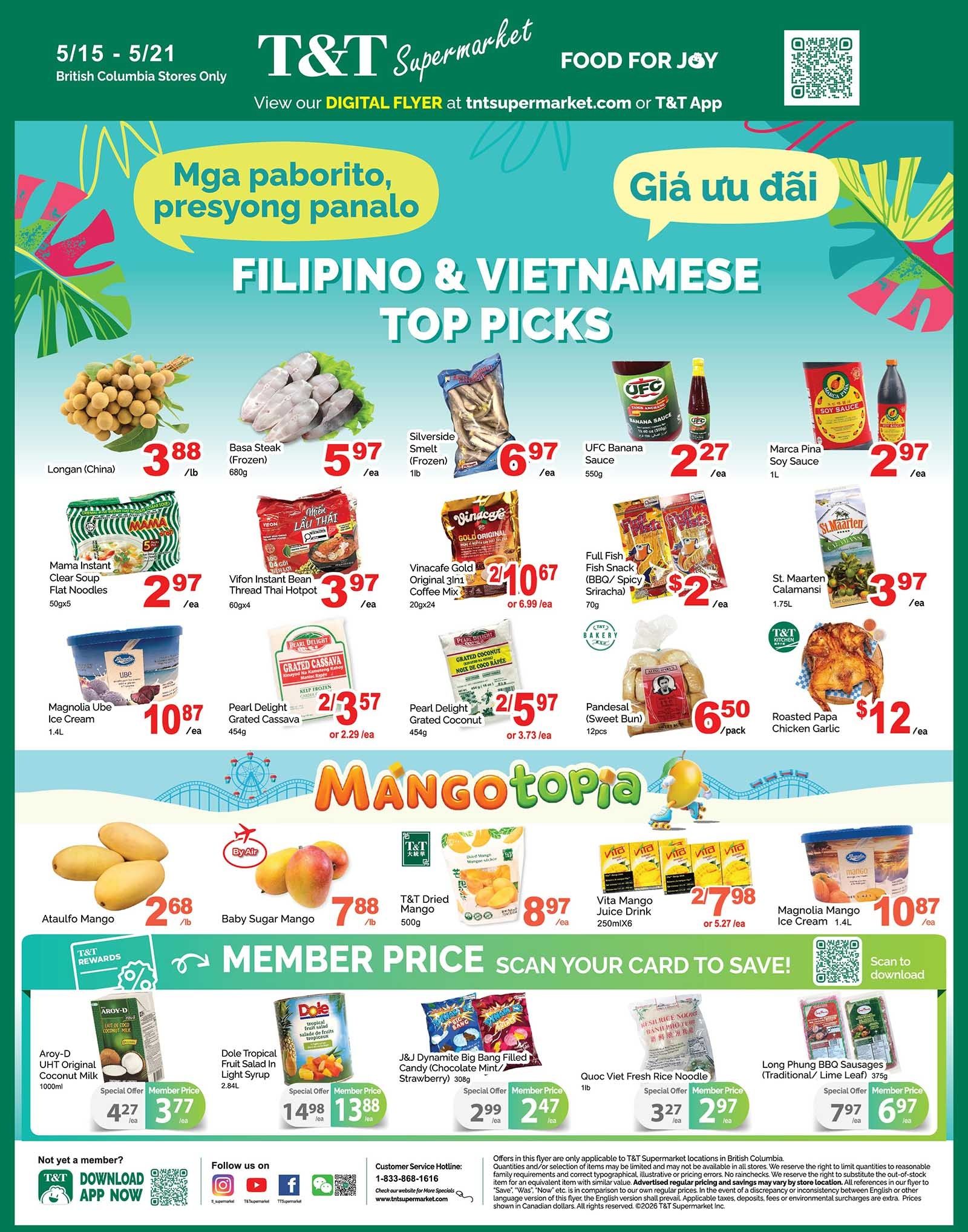 T&T Supermarket weekly flyer specials for British Columbia, valid May 15-21. Page 5 features Filipino & Vietnamese Top Picks. On sale are Longan (China) for $3.88/lb, Basa Steak (Frozen) 680g for $5.97/ea, Silverside Smelt (Frozen) 1lb for $6.97/ea, and UFC Banana Sauce 550g for $2.27/ea. Also featured are Marca Pina Soy Sauce 1L for $2.97/ea. Mama Instant Clear Soup Flat Noodles 50gx5 are $2.97/ea, Vifon Instant Bean Thread Thai Hotpot 60gx4 for $3.97/ea, Vinacafe Gold Original 3in1 Coffee Mix 20gx24 for $10.67/ea (or $6.99/ea), and Full Fish Fish Snack (BBQ/ Spicy Sriracha) 70g for $2.00/ea. St. Maarten Calamansi 1.75L is $3.97/ea. Magnolia Ube Ice Cream 1.4L is $10.87/ea. Pearl Delight Grated Cassava 454g is 2 for $3.57 (or $2.29/ea), and Pearl Delight Grated Coconut 454g is 2 for $5.97 (or $3.73/ea). Pandesal (Sweet Bun) 12pcs are $6.50/pack, and Roasted Papa Chicken Garlic is $12.00/ea. The 'Mango Topia' section includes Ataulfo Mango for $2.68/lb, Baby Sugar Mango for $7.88/lb, T&T Dried Mango 500g for $8.97/ea, and Vita Mango Juice Drink 250mlx6 for $2.78 (or $5.27/ea). Member prices are highlighted: Aroy-D UHT Original Coconut Milk 1000ml is $3.77/ea, Dole Tropical Fruit Salad in Light Syrup 2.84L is $13.88/ea, J&J Dynamite Big Bang Filled Candy (Chocolate Mint/Strawberry) 308g is $2.47/ea, Quoc Viet Fresh Rice Noodle 1lb is $2.97/ea, and Long Phung BBQ Sausages (Traditional/Lime Leaf) 375g is $6.97/ea.