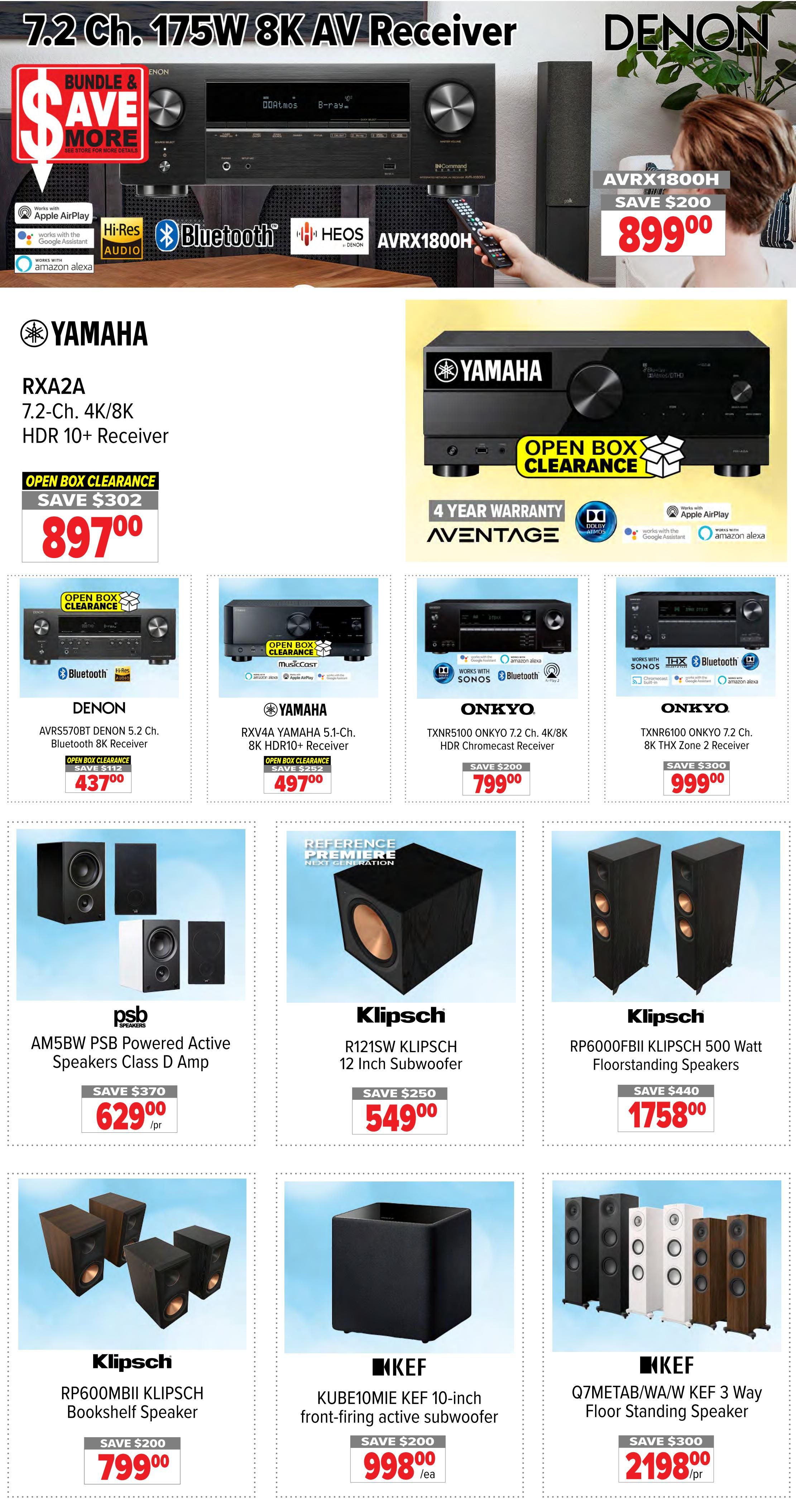 2001 Audio Video weekly flyer specials page 4 features a Denon AVRX1800H 7.2 Ch. 175W 8K AV Receiver on the top banner for $899.00, saving $200. Below, Yamaha RXA2A 7.2 Ch. 4K/8K HDR 10+ Receiver is available as open box clearance for $897.00, saving $302. Other open box clearance items include the Denon AVR S570BT DENON 5.2 Ch. Bluetooth 8K Receiver for $437.00 (save $112), Yamaha RXV4A YAMAHA 5.1-Ch. 8K HDR10+ Receiver for $497.00 (save $252), Onkyo TXNR5100 ONKYO 7.2 Ch. 4K/8K HDR Chromecase Receiver for $799.00 (save $200), and Onkyo TXNR6100 ONKYO 7.2 Ch. 8K THX Zone 2 Receiver for $999.00 (save $300). The flyer also showcases PSB AM5BW PSB Powered Active Speakers Class D Amp for $629.00/pr (save $370), Klipsch R121SW KLIPSCH 12 Inch Subwoofer for $549.00 (save $250), Klipsch RP600MBII KLIPSCH Bookshelf Speaker for $799.00 (save $200), KEF KUBE10MIE KEF 10-inch front-firing active subwoofer for $998.00/ea (save $200), Klipsch RP600FBII KLIPSCH 500 Watt Floorstanding Speakers for $1758.00 (save $440), and KEF Q7METAB/WA/W KEF 3 Way Floor Standing Speaker for $2198.00/pr (save $300).
