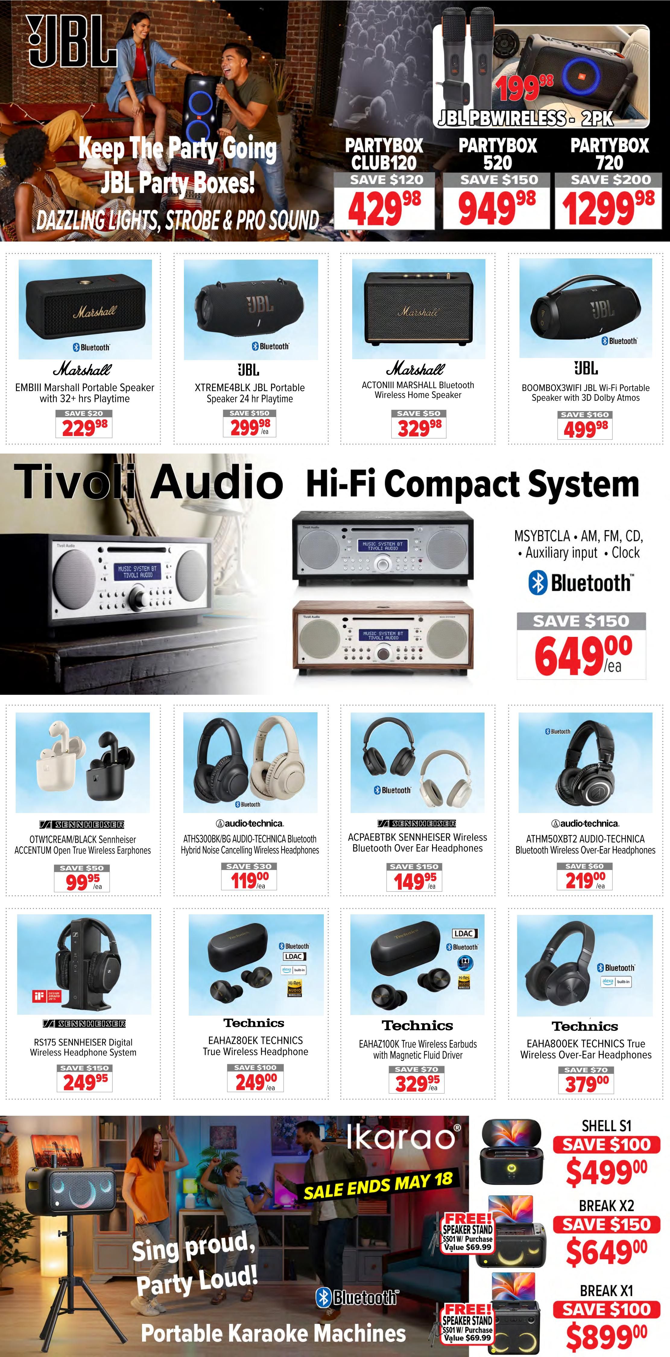 2001 Audio Video weekly flyer specials page 6 features JBL Party Boxes with savings up to $200. The JBL PartyBox Club 120 is $429.98 (save $120), PartyBox 520 is $949.98 (save $150), and PartyBox 720 is $1299.98 (save $200). Also featured are JBL PBWireless-2PK for $199.98. Marshall portable speakers include the EMBIll Marshall Portable Speaker with 32+ hrs playtime for $229.98 (save $20) and the ACTONIII Marshall Bluetooth Wireless Home Speaker for $329.98 (save $50). A JBL XTREME4BLK JBL Portable Speaker with 24 hr playtime is $299.98 (save $150), and the JBL BOOMBOX3WIFI JBL Wi-Fi Portable Speaker with 3D Dolby Atmos is $499.98 (save $160). Tivoli Audio Hi-Fi Compact Systems are available, including the MSYBTCLA AM, FM, CD, Auxiliary input, and Bluetooth model for $649.00 (save $150). Sennheiser wireless earphones include the OTWICREAM/BLACK Sennheiser Accentum Open True Wireless Earphones for $99.95 (save $50) and the ACPAEBTBK Sennheiser Wireless Bluetooth Over Ear Headphones for $149.95 (save $150). Audio-Technica Bluetooth headphones include the ATHS300BK/BG Audio-Technica Bluetooth Hybrid Noise Cancelling Wireless Headphones for $119.00 (save $30) and the ATHM50XBT2 Audio-Technica Bluetooth Wireless Over-Ear Headphones for $219.00 (save $60). Technics true wireless headphones and earbuds are also on sale: EAHZ80EK Technics True Wireless Headphone for $249.00 (save $100), EAHZ100K True Wireless Earbuds with Magnetic Fluid Driver for $329.95 (save $70), and EAH A800EK Technics True Wireless Over-Ear Headphones for $379.00 (save $70). The page also promotes Ikaroo Portable Karaoke Machines with a sale ending May 18. Additionally, there are deals on Ikarao speaker systems: SHELL S1 for $499.00 (save $100), BREAK X2 for $649.00 (save $150), and BREAK X1 for $899.00 (save $100), with free speaker stands ($69.99 value) with purchase for the BREAK X2 and BREAK X1 models.