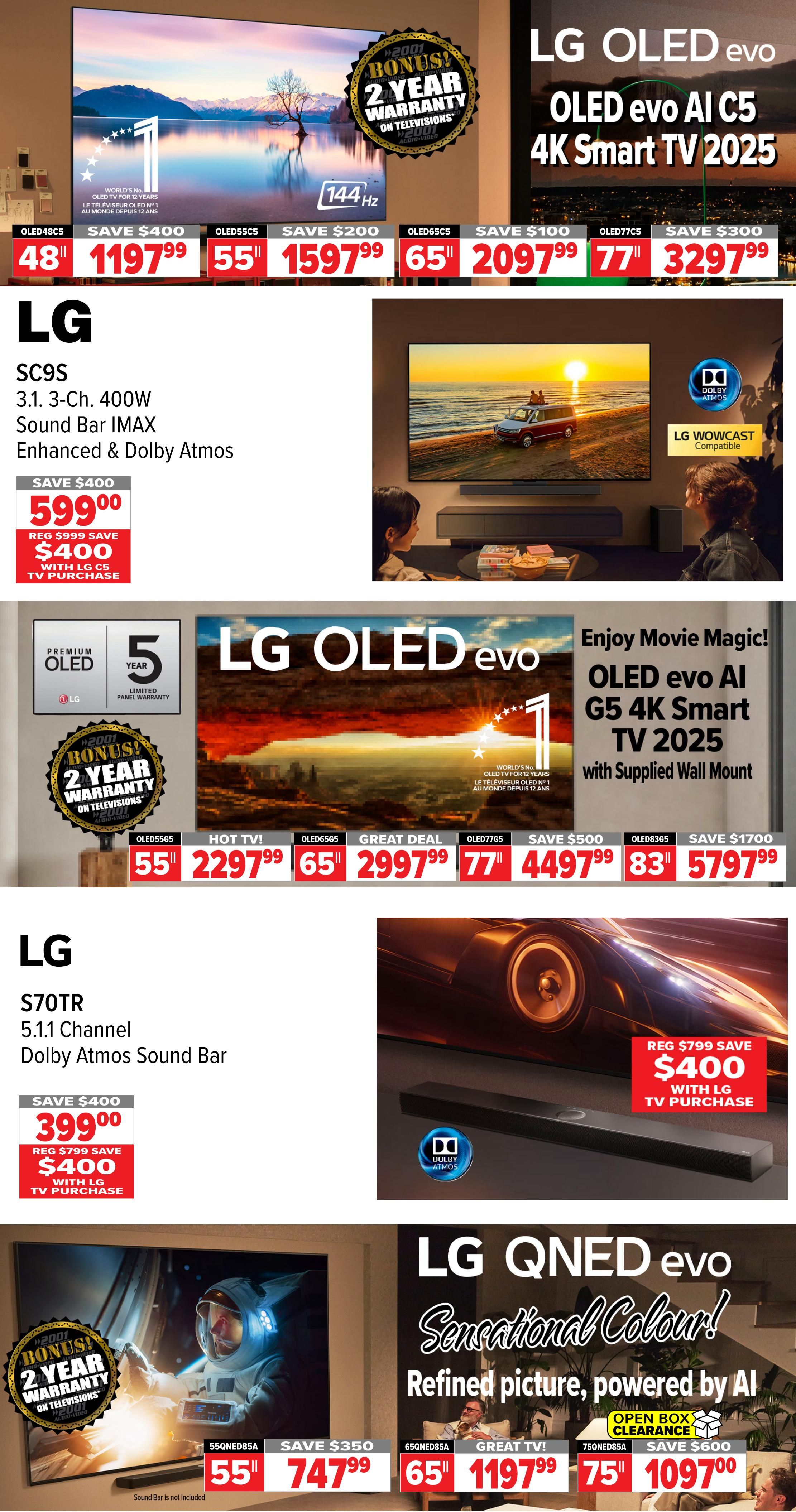 2001 Audio Video weekly flyer specials page 8 features LG televisions and sound bars. Top banner highlights LG OLED evo AI C5 4K Smart TV 2025 with a bonus 2-year warranty, available in 48-inch for $1197.99 (save $400), 55-inch for $1597.99 (save $200), 65-inch for $2097.99 (save $100), 77-inch for $3297.99 (save $300). Below, the LG SC9S 3.1-Ch. 400W Sound Bar IMAX with Enhanced & Dolby Atmos is on sale for $599.00 (save $400 with LG C5 TV purchase). The page also showcases LG OLED evo AI G5 4K Smart TV 2025 with a supplied wall mount, available in 55-inch for $2297.99, 65-inch for $2997.99, 77-inch for $4497.99 (save $500), and 83-inch for $5797.99 (save $1700). Additionally, the LG S70TR 5.1.1 Channel Dolby Atmos Sound Bar is priced at $399.00 (save $400 with LG TV purchase). The bottom section features LG QNED evo televisions with AI-powered picture, including a 55-inch model for $747.99 (save $350), a 65-inch model for $1197.99, and a 75-inch model for $1097.00 (save $600), with an open box clearance option.