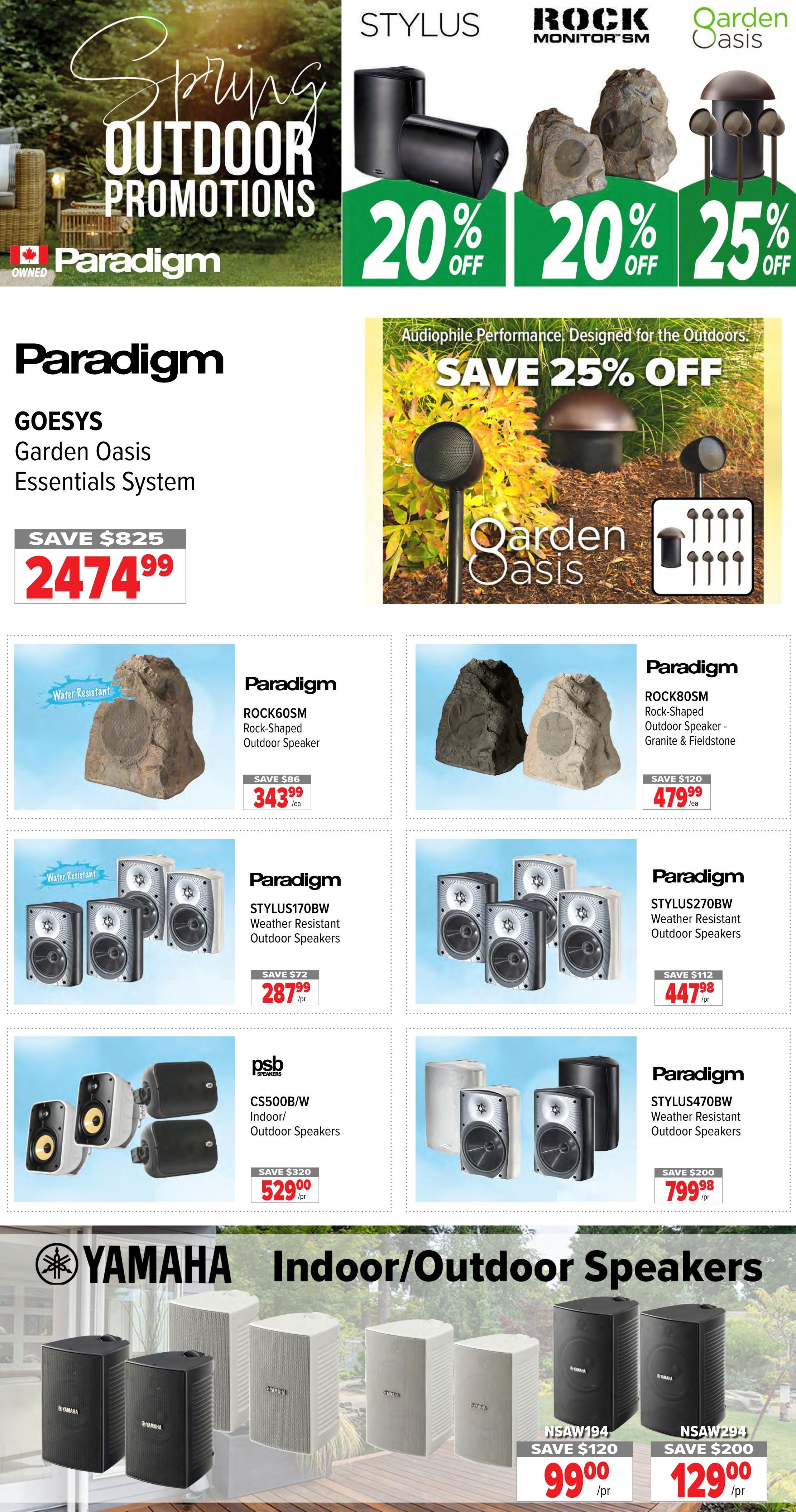 2001 Audio Video weekly flyer specials page 13 features Spring Outdoor Promotions with Paradigm speakers. Top banner shows Stylus, Rock Monitor SM, and Garden Oasis speakers with 20% off, 20% off, and 25% off respectively. Paradigm GOESYS Garden Oasis Essentials System is on sale for $2474.99, saving $825. Paradigm ROCK60SM Rock-Shaped Outdoor Speakers are $343.99 each, saving $86. Paradigm ROCK80SM Rock-Shaped Outdoor Speakers in Granite & Fieldstone are $479.99 each, saving $120. Paradigm STYLUS170BW Weather Resistant Outdoor Speakers are $287.99 per pair, saving $72. Paradigm STYLUS270BW Weather Resistant Outdoor Speakers are $447.98 per pair, saving $112. PSB CS500B/W Indoor/Outdoor Speakers are $529.00 per pair, saving $320. Paradigm STYLUS470BW Weather Resistant Outdoor Speakers are $799.98 per pair, saving $200. The bottom section highlights Yamaha Indoor/Outdoor Speakers: NSAW194 models are $99.00 each with a $120 saving, and NSAW294 models are $129.00 each with a $120 saving.
