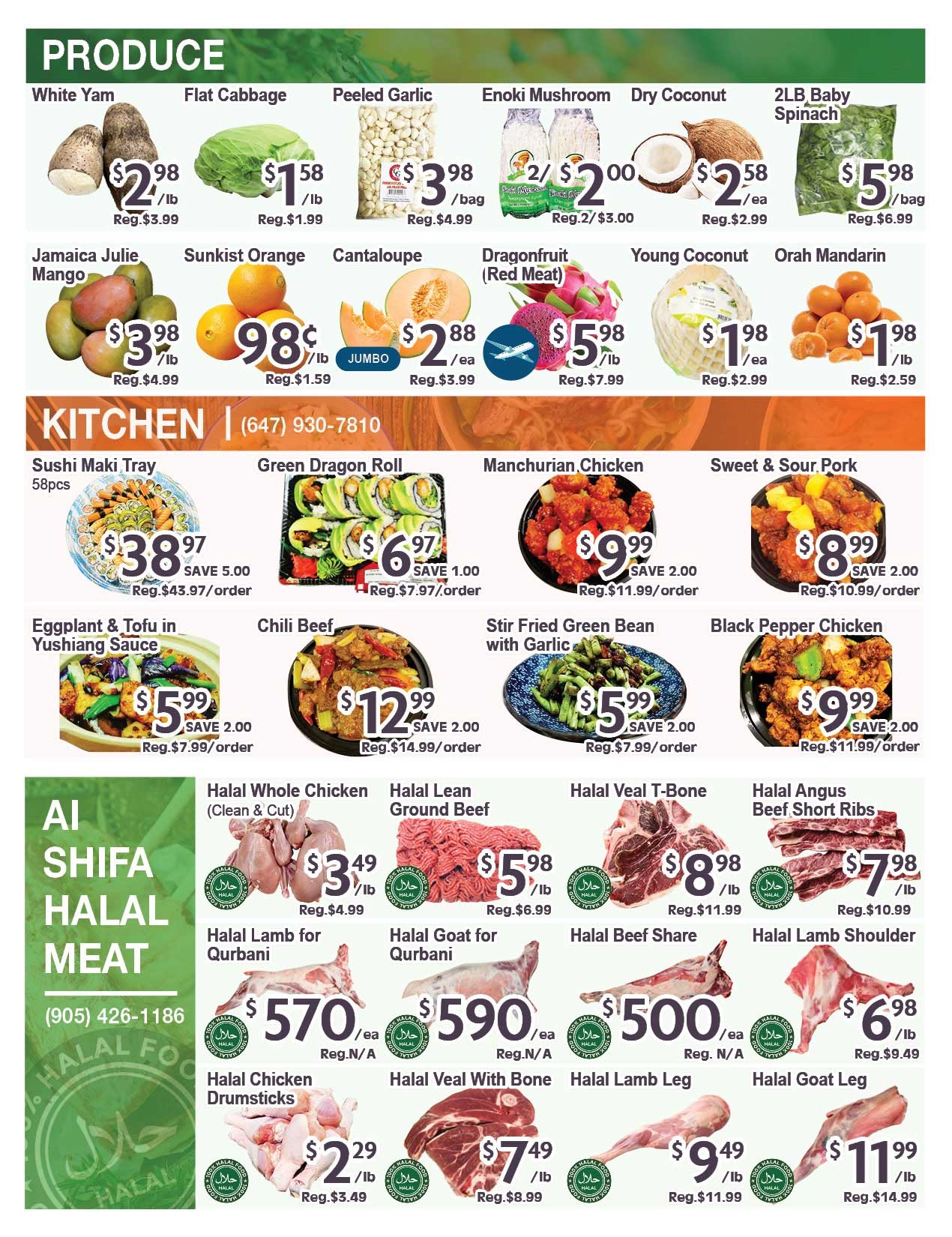 Blue Sky Supermarket weekly flyer specials, page 3. Produce section features White Yam for $2.98/lb, Flat Cabbage for $1.58/lb, Peeled Garlic for $3.98/bag, Enoki Mushroom for 2 for $2.00, Dry Coconut for $2.58/ea, and 2LB Baby Spinach for $5.98/bag. Also available are Jamaica Julie Mangoes for $3.98/lb, Sunkist Oranges for $0.98/lb, Cantaloupe for $2.88/ea, Dragonfruit (Red Meat) for $5.98/lb, Young Coconut for $1.98/ea, and Orah Mandarin for $1.98/lb. The Kitchen section includes Sushi Maki Tray (58pcs) for $38.97 (save $5.00), Green Dragon Roll for $6.97 (save $1.00), Manchurian Chicken for $9.99 (save $2.00), Sweet & Sour Pork for $8.99 (save $2.00), Eggplant & Tofu in Yushiang Sauce for $5.99 (save $2.00), Chili Beef for $12.99 (save $2.00), Stir Fried Green Bean with Garlic for $5.99 (save $2.00), and Black Pepper Chicken for $9.99 (save $2.00). The AI Shifa Halal Meat section offers Halal Whole Chicken (Clean & Cut) for $3.49/lb, Halal Lean Ground Beef for $5.98/lb, Halal Lamb for Qurbani for $570/ea, Halal Goat for Qurbani for $590/ea, Halal Chicken Drumsticks for $2.29/lb, Halal Veal With Bone for $7.49/lb, Halal Lamb Leg for $9.49/lb, and Halal Goat Leg for $11.99/lb. Contact number for Kitchen is (647) 930-7810 and for Halal Meat is (905) 426-1186.