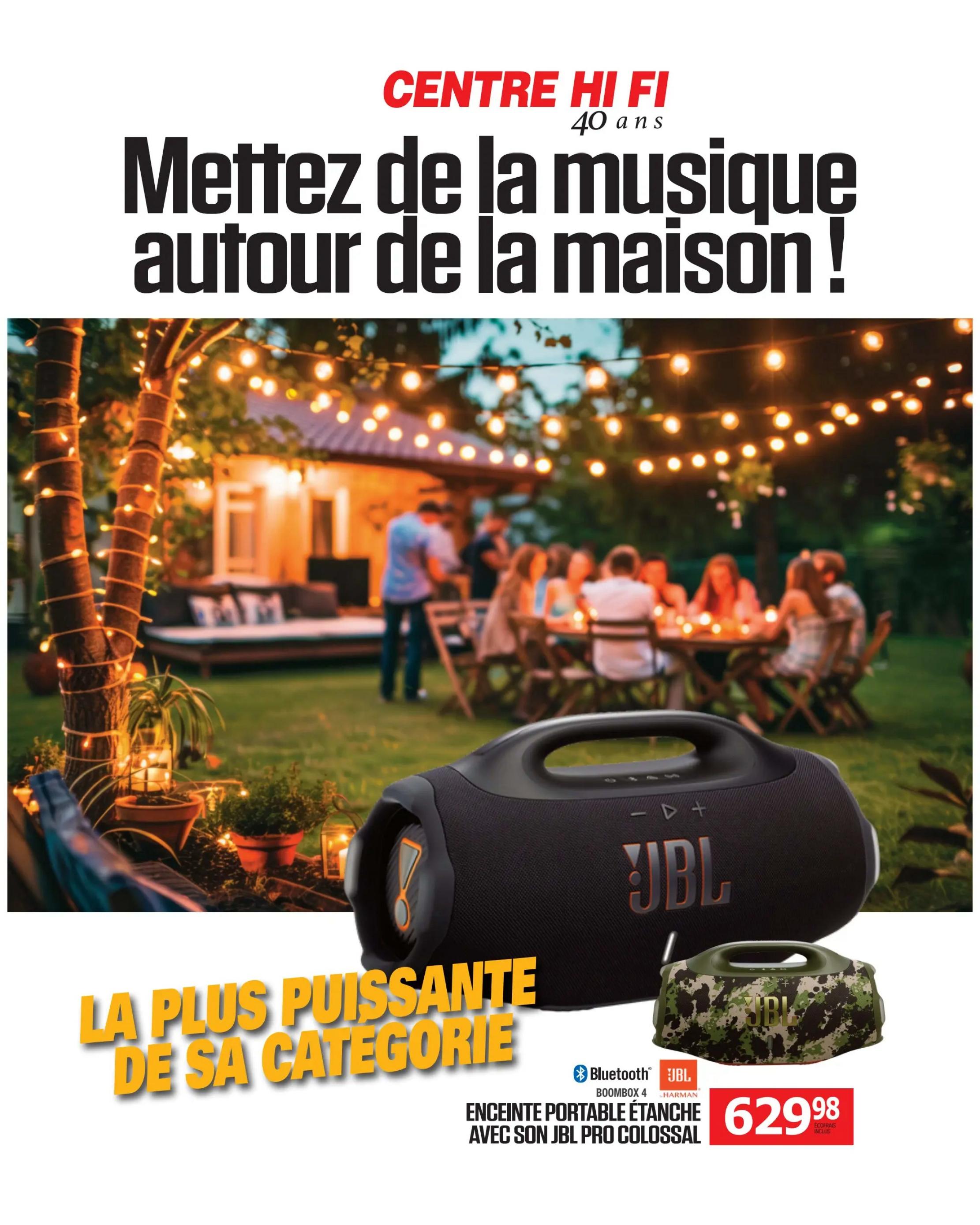 Centre Hi-Fi flyer, page 15. Features the JBL Boombox 4 portable waterproof speaker with colossal JBL sound, priced at $629.98. The text highlights it as the most powerful in its category. The image shows a lively outdoor gathering with string lights and a large JBL speaker in the foreground.