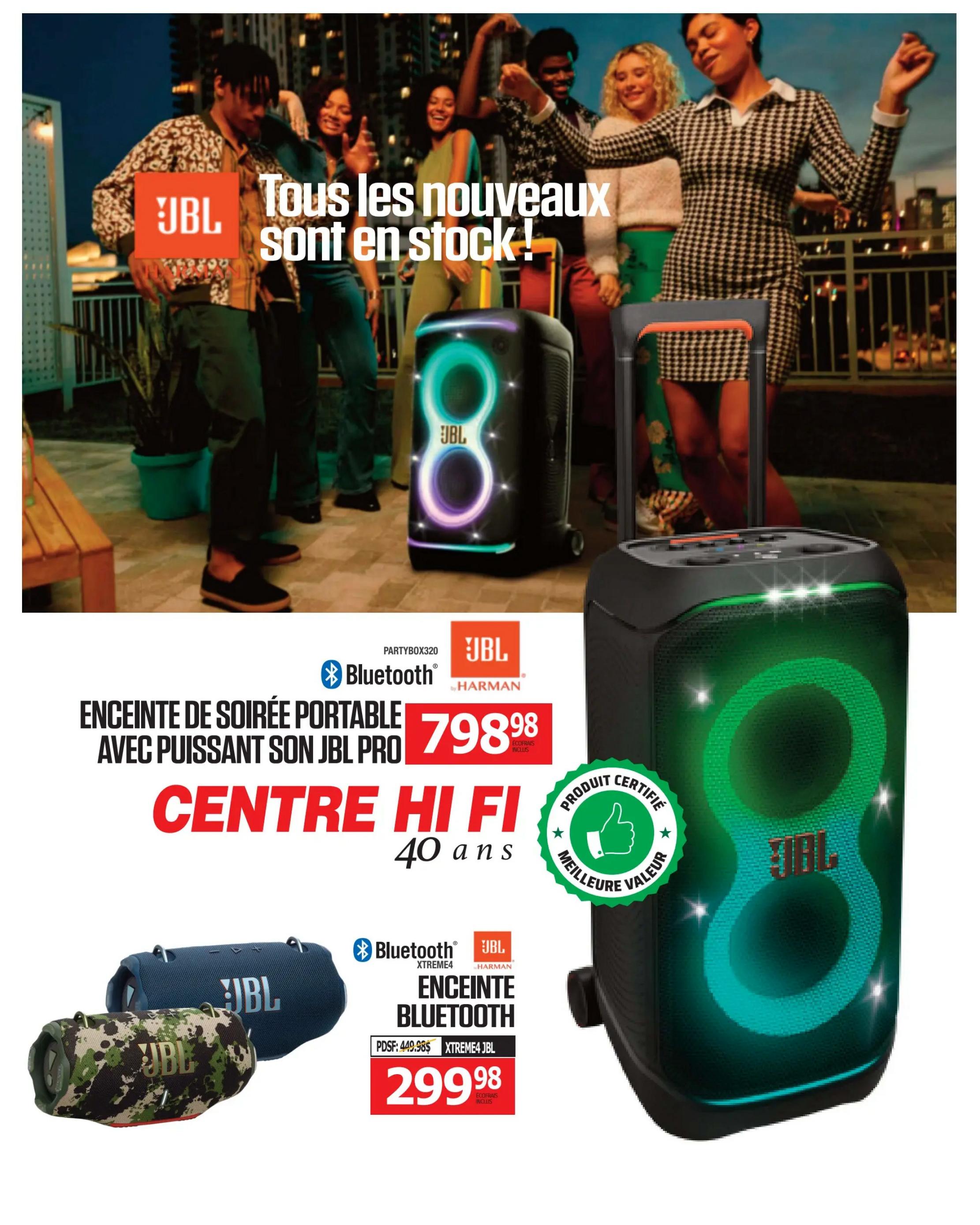 Centre Hi-Fi weekly flyer specials page 16 features new JBL products in stock. Highlighted is the JBL PartyBox 320 portable Bluetooth speaker with powerful JBL Pro sound, priced at $798.98. Also featured are JBL Xtreme 4 Bluetooth speakers, available in blue and camouflage, for $299.98, with a previous price of $449.98. The page includes a 'Certified Product, Best Value' badge.
