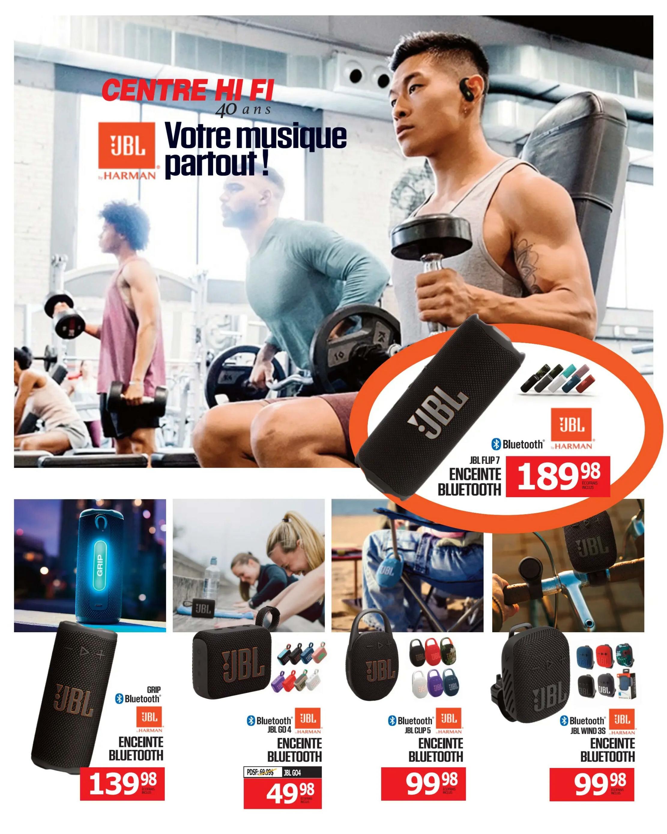Centre Hi-Fi weekly flyer specials page 17 features a variety of JBL Bluetooth speakers. The main featured item is the JBL FLIP 7 Bluetooth speaker for $189.98. Other featured products include the JBL GRIP Bluetooth speaker for $139.98, the JBL GO 4 Bluetooth speaker for $49.98 (originally $69.99), the JBL CLIP 5 Bluetooth speaker for $99.98, and the JBL WIND 3S Bluetooth speaker for $99.98. The page also shows lifestyle images of people using the speakers in gym and outdoor settings.