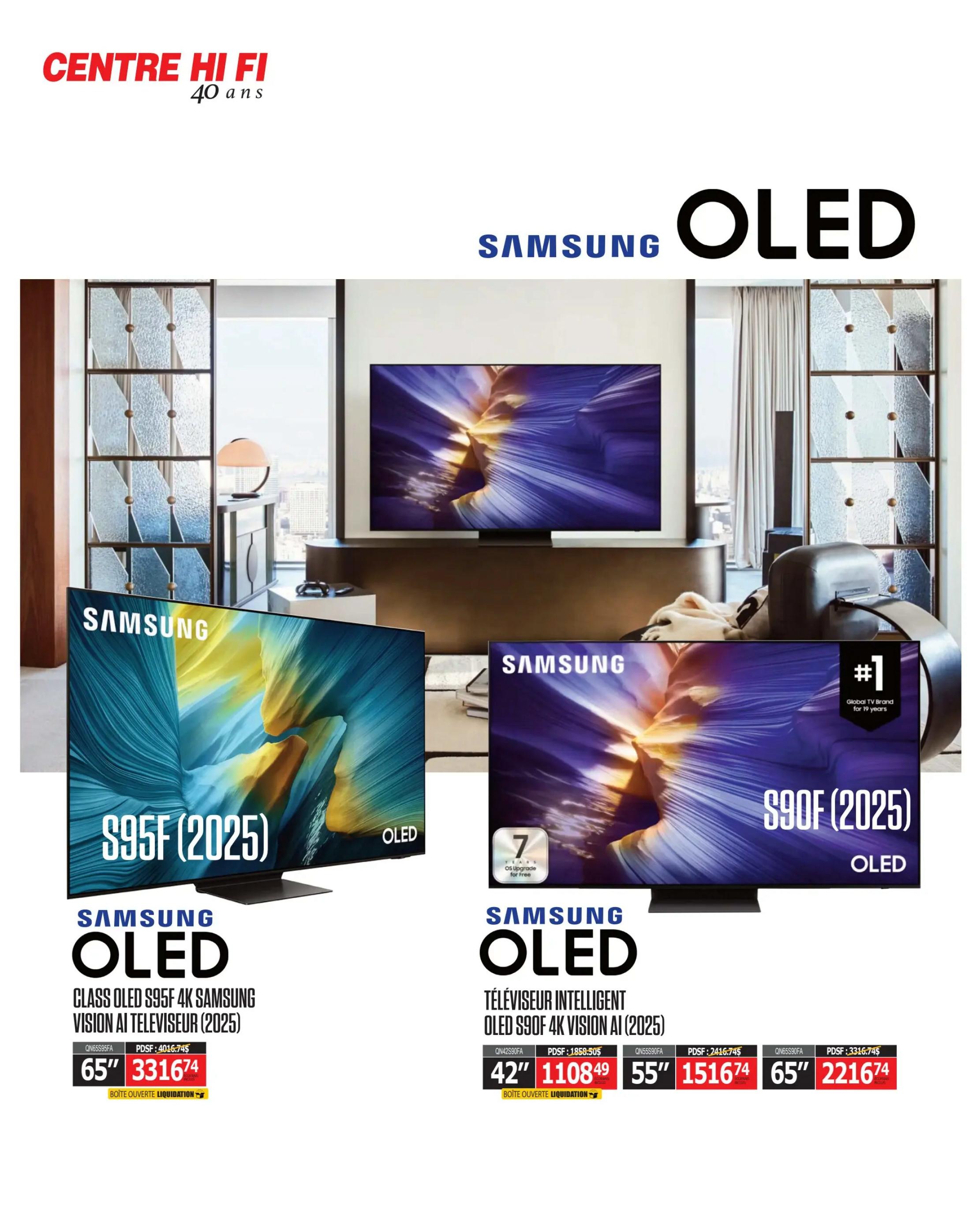 Centre Hi-Fi flyer page 19 features Samsung OLED televisions. The Class OLED S95F 4K Samsung Vision AI TV (2025) is available in 65' for $3316.74. Also featured is the Intelligent TV OLED S90F 4K Vision AI (2025) in 42' for $1108.49, 55' for $1516.74, and 65' for $2216.74. All listed TVs are open box liquidation items.