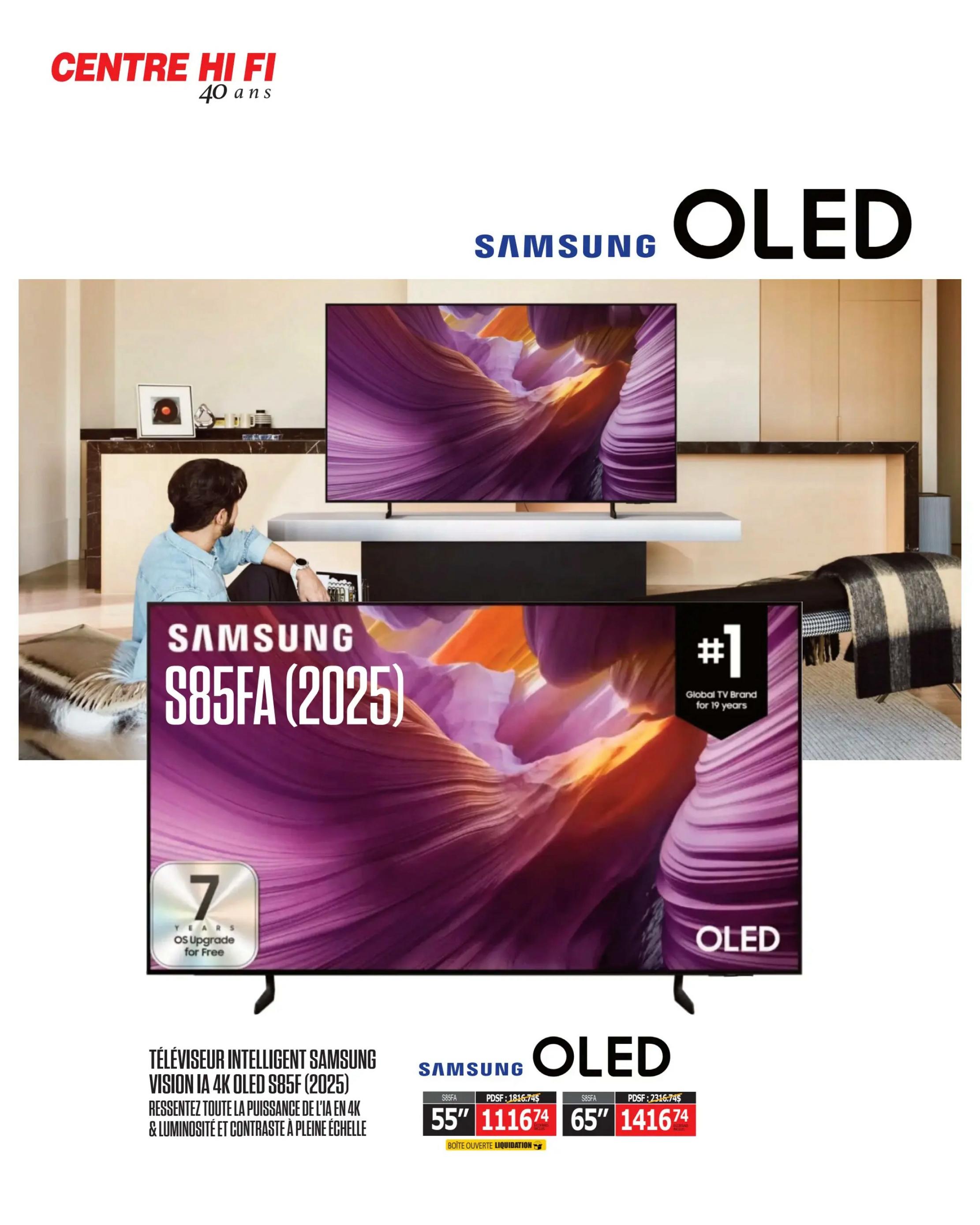 Centre Hi-Fi 40 Years flyer, page 20. Features the Samsung S85FA (2025) OLED Smart TV. This TV offers 4K resolution and enhanced AI-powered brightness and contrast. It includes 7 years of free OS upgrades. Available in 55-inch for $1116.74 (original price $1816.74) and 65-inch for $1416.74 (original price $2316.74). Both models are marked as 'Open Box Liquidation'.
