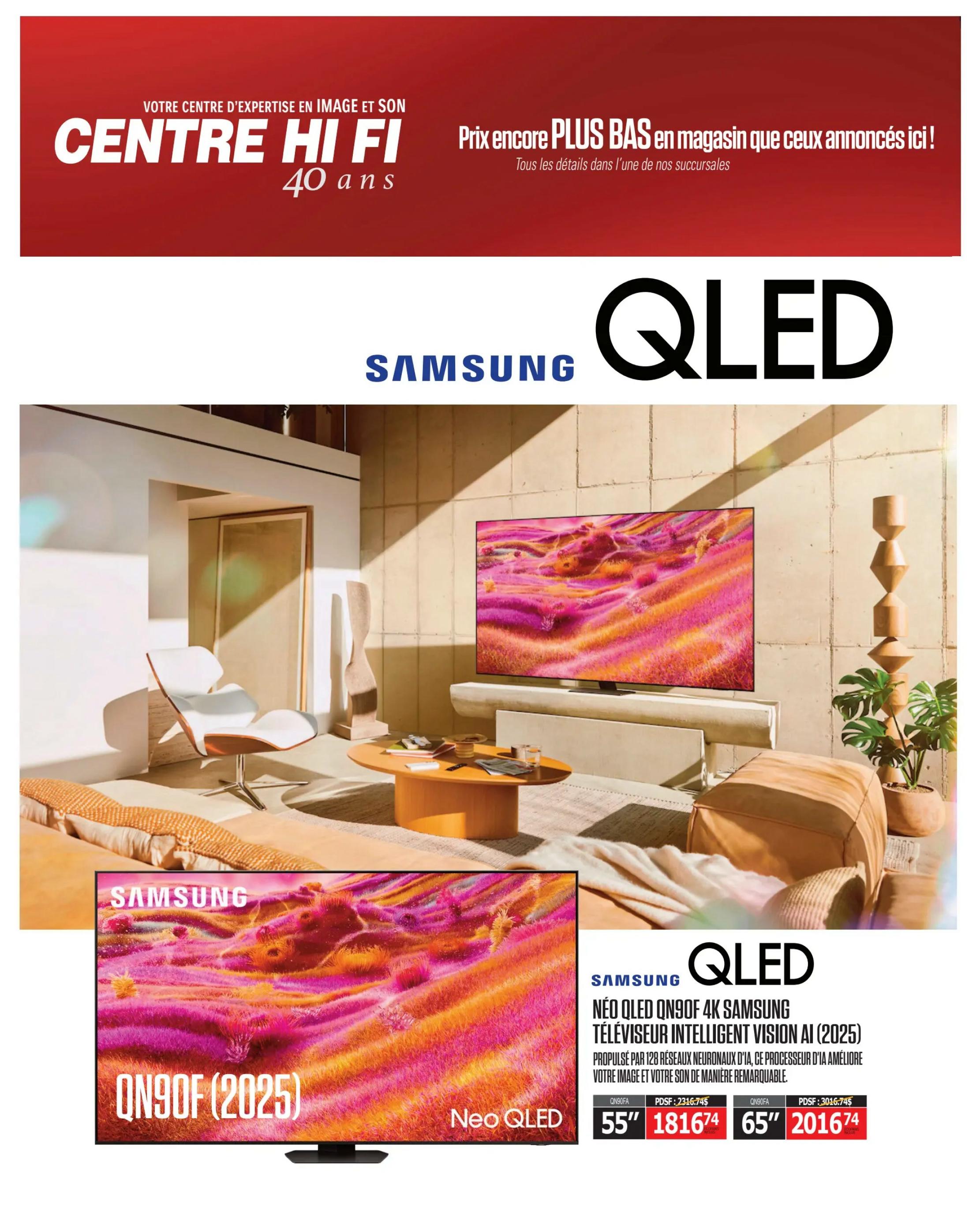 Centre Hi-Fi weekly flyer specials page 23 features Samsung QLED televisions. The page highlights the Samsung Neo QLED QN90F 4K Smart TV with AI Vision (2025), powered by 128 neural networks and an AI processor for remarkable image and sound. Available in 55-inch for $1816.74 and 65-inch for $2016.74. The flyer also includes a general statement about prices being even lower in-store than advertised.