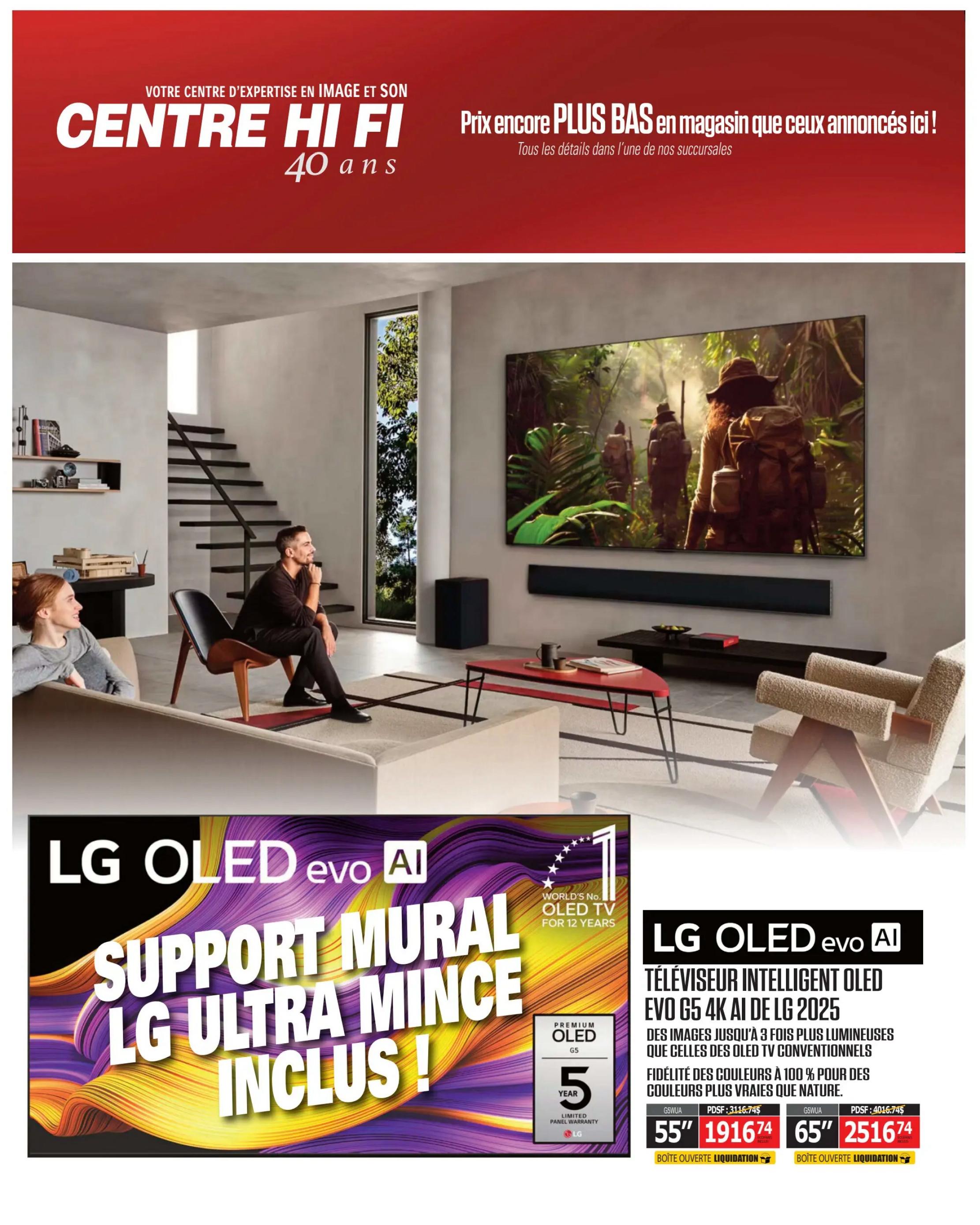 Centre Hi-Fi weekly flyer specials, page 24. Features the LG OLED evo AI G5 4K AI de LG 2025 television. Includes a free LG Ultra Thin Wall Mount. The TV offers images up to 3 times brighter and 100% colour fidelity. Available in 55' for $1916.74 and 65' for $2516.74. Both models are open box liquidation items. The flyer also highlights LG as the World's No. 1 OLED TV for 12 years and offers a 5-year limited panel warranty.