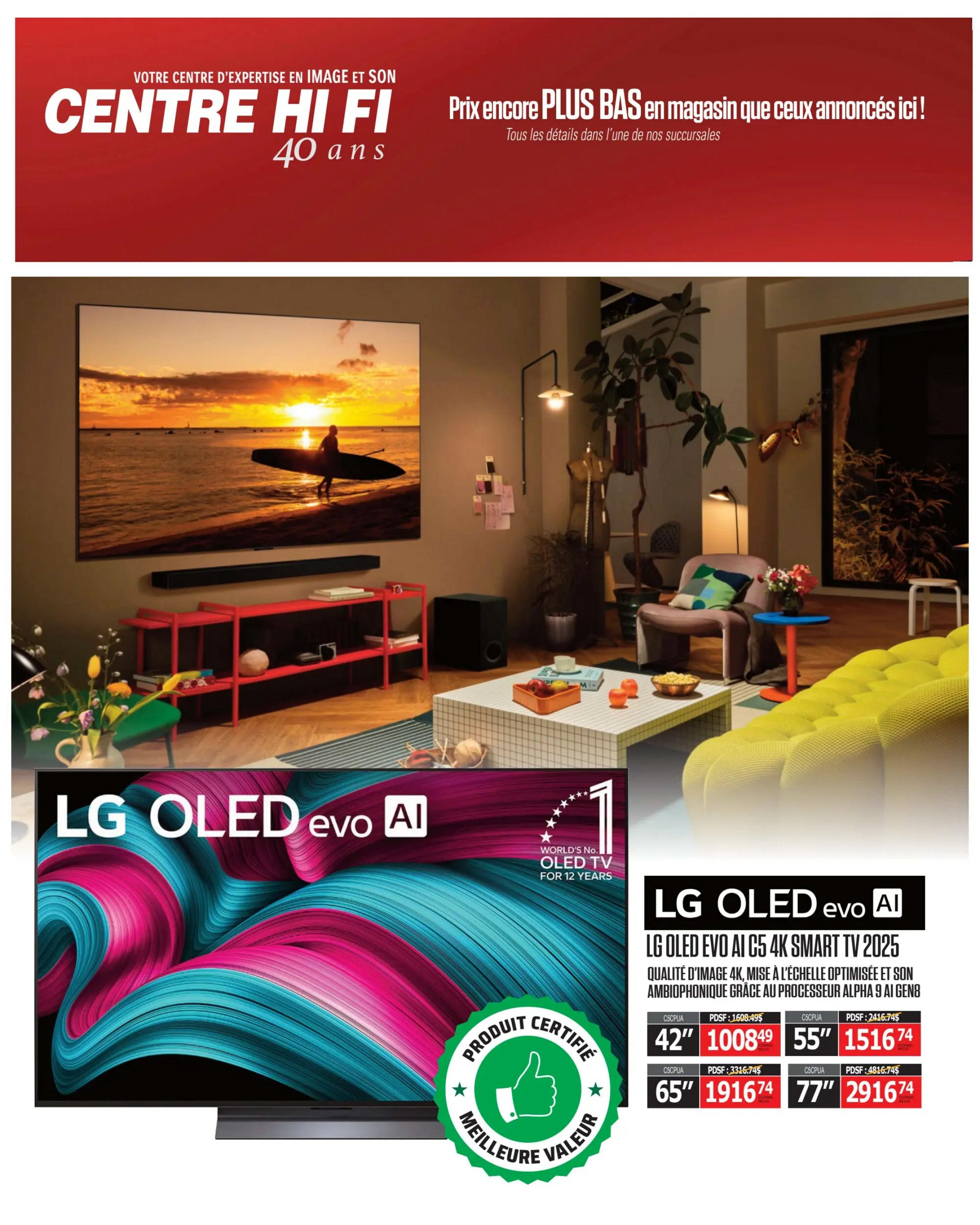 Centre Hi-Fi weekly flyer specials page 25 features the LG OLED evo AI C5 4K Smart TV 2025. This TV boasts 4K image quality, optimized scaling, and an ambisonic sound processor. Available sizes and prices include: 42-inch for $1008.49, 55-inch for $1516.74, 65-inch for $1916.74, and 77-inch for $2916.74. The flyer also highlights that LG OLED TVs have been the world's number 1 for 12 years. A 'Meilleure Valeur' (Best Value) certified product badge is displayed.