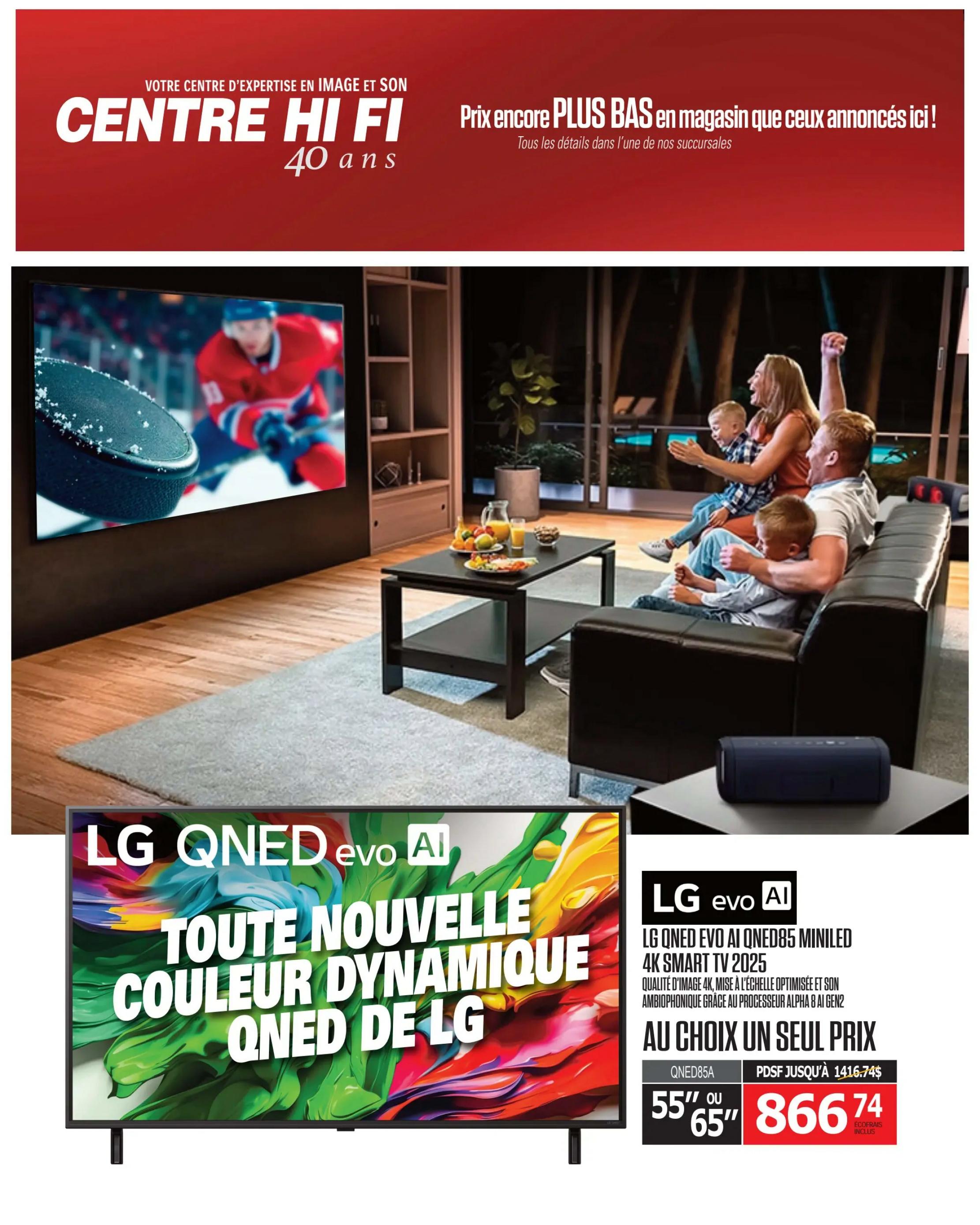 Centre Hi-Fi weekly flyer specials, page 26. Features the LG QNED evo AI QNED85 4K Smart TV 2025, highlighting its 4K image quality, optimized upscaling, and AI Sound Pro with Alpha 8 AI Gen2 processor. Available in 55' or 65' sizes for a single price of $866.74, including eco-fees. The flyer also shows a family enjoying a hockey game on a large screen TV, with a soundbar visible on a table.