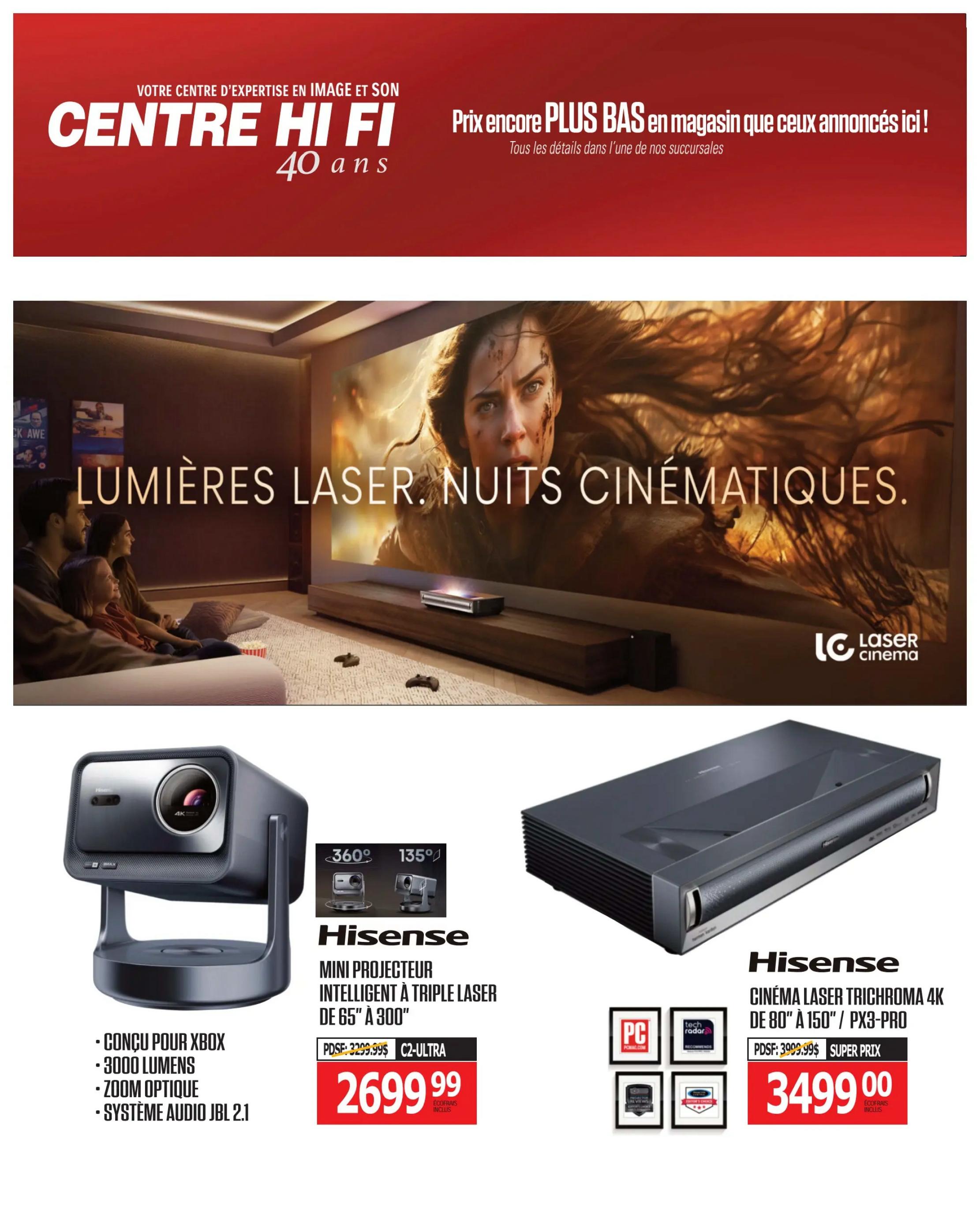 Centre Hi-Fi weekly flyer specials page 31 features laser projectors for cinematic experiences. The Hisense Mini Projector Intelligent Triple Laser, designed for Xbox with 3000 lumens, optical zoom, and JBL 2.1 audio system, is priced at $2699.99. Also featured is the Hisense Laser Cinema Trichroma 4K projector, suitable for 80' to 150' screens (PX3-PRO), on super sale for $3499.00.