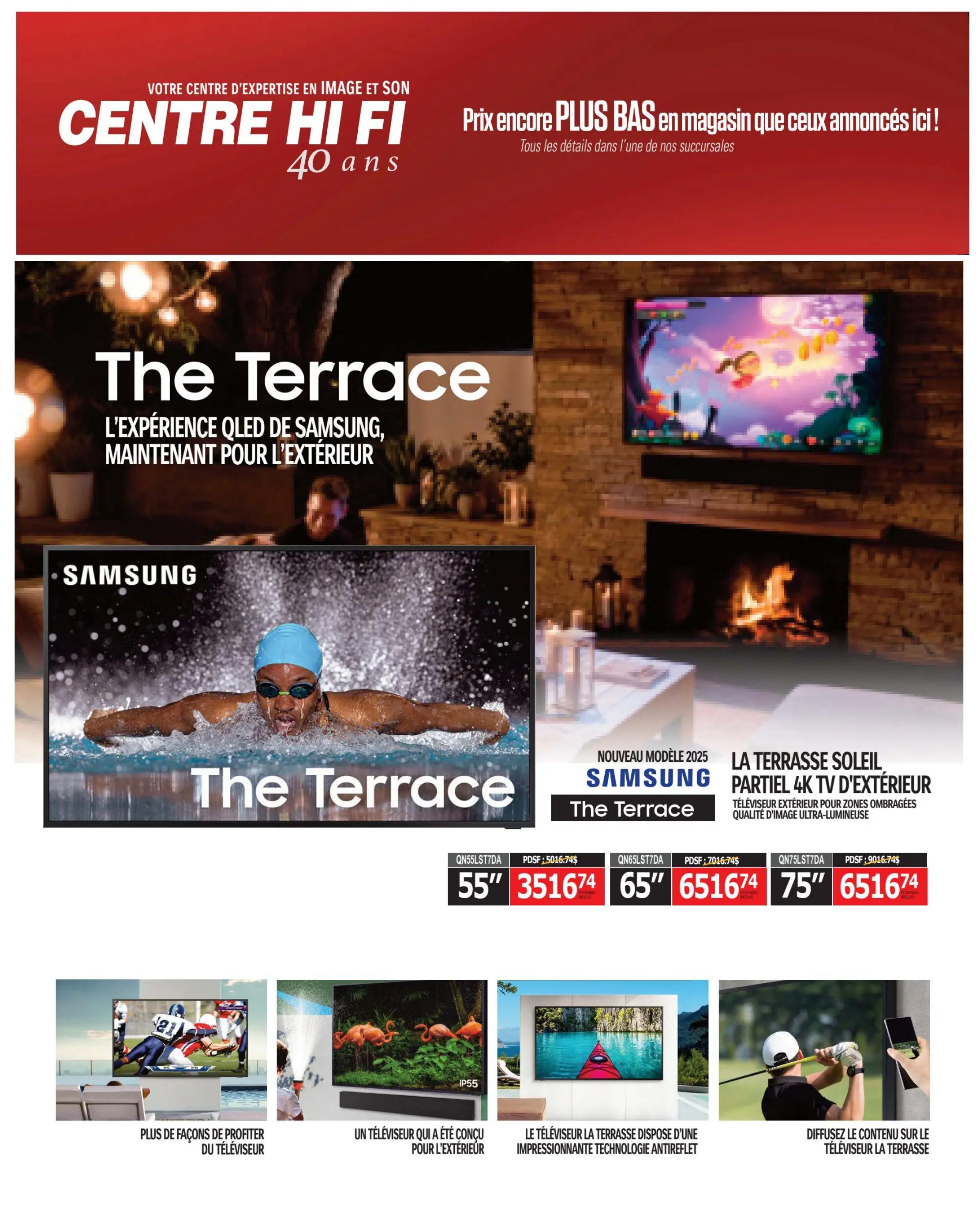 Centre Hi-Fi weekly flyer specials, page 32. Featuring Samsung The Terrace outdoor QLED TVs. The main image showcases a swimmer in a pool with the text 'The Terrace: Samsung's QLED experience, now for the outdoors.' Below, several Samsung The Terrace models are displayed: 55' QN55LST7DA for $3516.74, 65' QN65LST7DA for $6516.74, and 75' QN75LST7DA for $9016.74. Smaller images highlight different features: a TV showing a football game with the text 'More ways to enjoy the TV', a TV displaying flamingos with 'An outdoor TV', and a TV with a kayak scene and 'The Terrace TV features impressive anti-reflection technology'. Another image shows a person golfing with the text 'Stream content on The Terrace TV'.