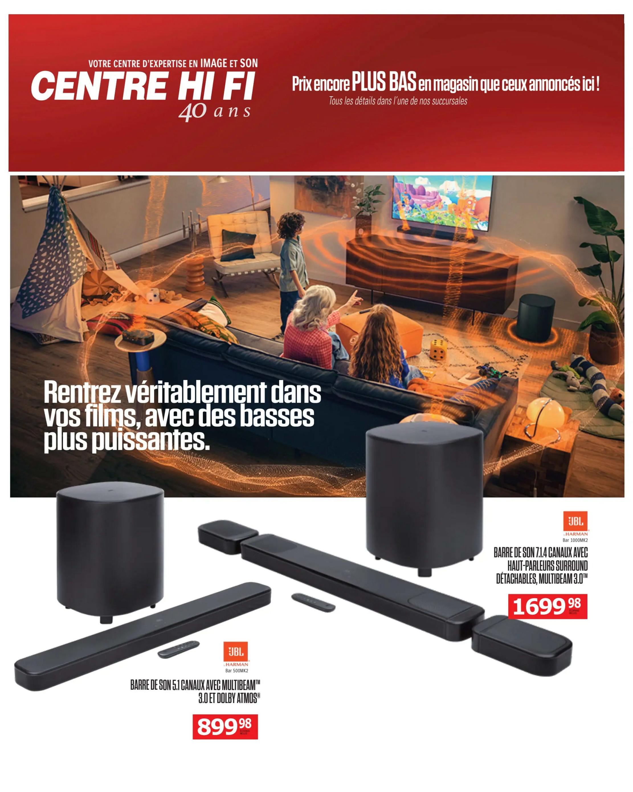 Centre Hi-Fi weekly flyer specials, page 37. The page features a living room scene with a family enjoying a movie, emphasizing immersive sound. Below the scene, two JBL soundbars are showcased. The first is the JBL Bar 500MK2 5.1 channel soundbar with Multibeam 3.0 and Dolby Atmos, priced at $899.98. The second is the JBL Bar 1000MK2 7.1 channel soundbar with detachable surround speakers and Multibeam 3.0, priced at $1699.98.