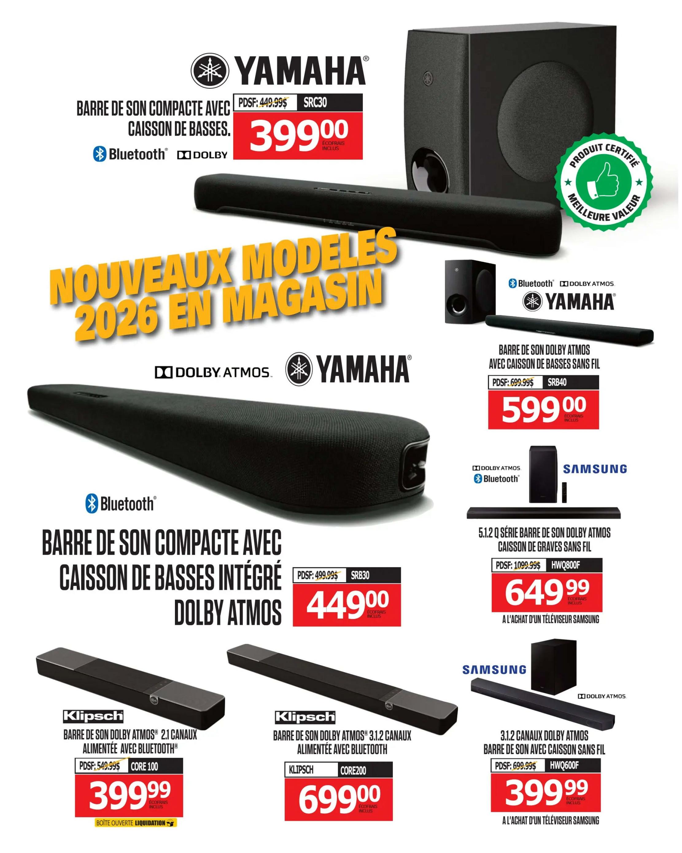 Centre Hi-Fi weekly flyer specials page 39 features new 2026 models in store. Top offers include the Yamaha compact soundbar with subwoofer and Bluetooth for $399.00 (PDSF $449.99). Also available is the Yamaha Dolby Atmos soundbar with wireless subwoofer for $599.00 (PDSF $699.99). Samsung offers a 5.1.2 channel Dolby Atmos soundbar with wireless subwoofer for $649.99 (PDSF $1099.99) with the purchase of a Samsung TV. Another Samsung 3.1.2 channel Dolby Atmos soundbar with wireless subwoofer is priced at $399.99 (PDSF $699.99) with the purchase of a Samsung TV. Klipsch presents a 2.1 channel Dolby Atmos soundbar with Bluetooth for $399.99 (PDSF $549.99) and a 3.1.2 channel Dolby Atmos soundbar with Bluetooth for $699.00 (PDSF $499.99).