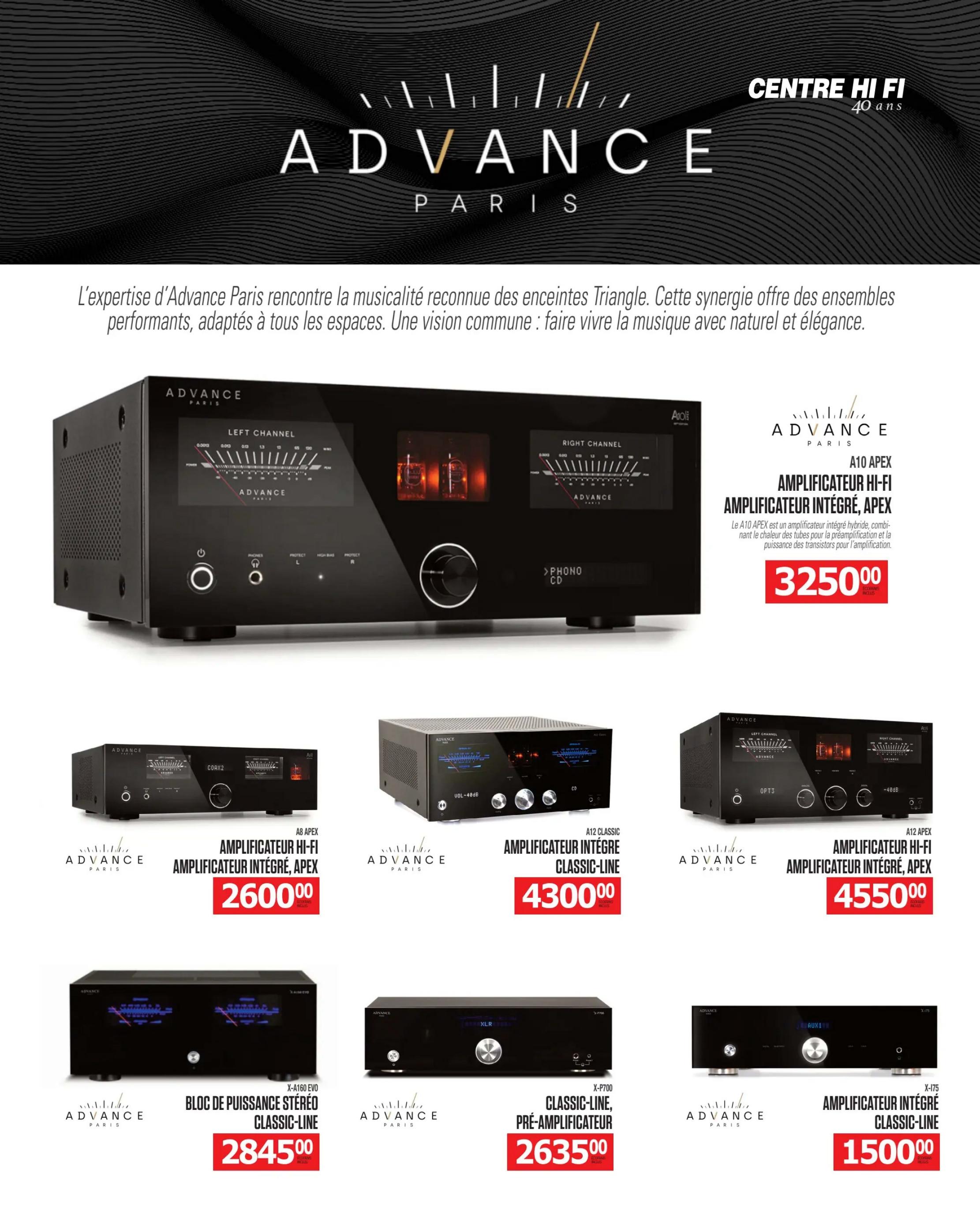 Centre Hi-Fi weekly flyer specials, page 41. Features Advance Paris audio equipment. The main display shows the A10 Apex integrated Hi-Fi amplifier for $3250.00. Other featured products include the A8 Apex integrated Hi-Fi amplifier for $2600.00, the A12 Classic integrated amplifier for $4300.00, the A12 Apex integrated Hi-Fi amplifier for $4550.00, the X-A160 EVO Classic-Line stereo power amplifier for $2845.00, the X-P700 Classic-Line pre-amplifier for $2635.00, and the X-175 Classic-Line integrated amplifier for $1500.00.