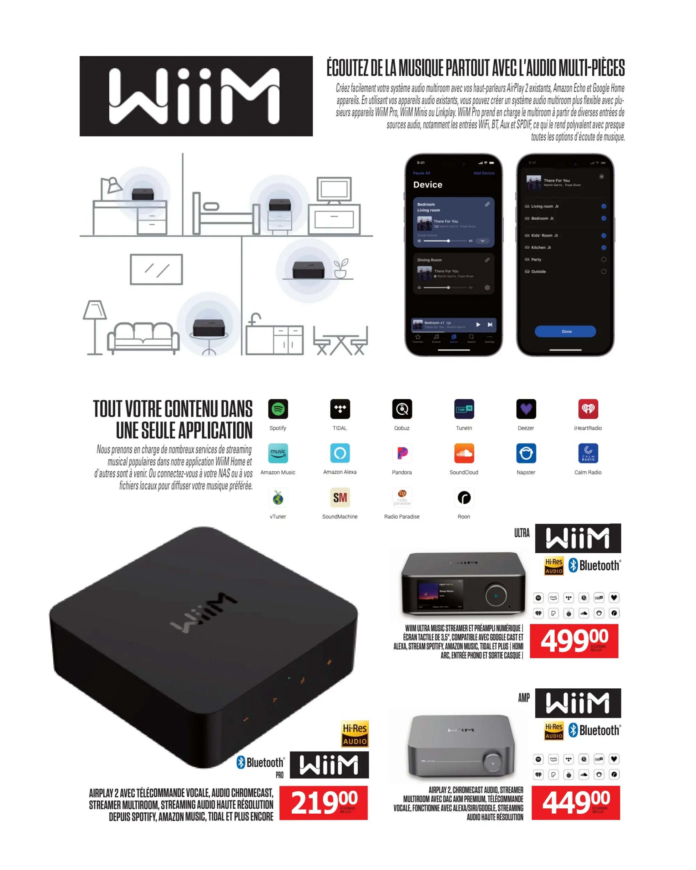 Centre Hi-Fi weekly flyer specials, page 42. This page features Wiim multi-room audio products. The Wiim Home app allows users to create a multi-room audio system with existing speakers, compatible with AirPlay 2, Amazon Echo, and Google Home. The app supports streaming services like Spotify, TIDAL, Qobuz, TuneIn, Deezer, iHeartRadio, Amazon Music, Pandora, SoundCloud, Napster, Calm Radio, vTuner, SoundMachine, Radio Paradise, and Roon. Featured products include the Wiim Pro AirPlay 2 streamer with voice remote, high-resolution audio, Chromecast, multiroom streaming, and support for Spotify, Amazon Music, TIDAL, and more, priced at $219.00. Also available is the Wiim Ultra Music Streamer and Amplifier with a 3.5' touchscreen, compatible with Google Cast and Alexa, supporting streaming from Amazon Music, Spotify, TIDAL, and more, with HDMI ARC, phono input, and a headphone output, priced at $499.00. Finally, the Wiim Amp is shown, an AirPlay 2, Chromecast audio streamer with multiroom capabilities, premium DAC, voice command functionality with Alexa/Siri/Google, and high-resolution audio, priced at $449.00.