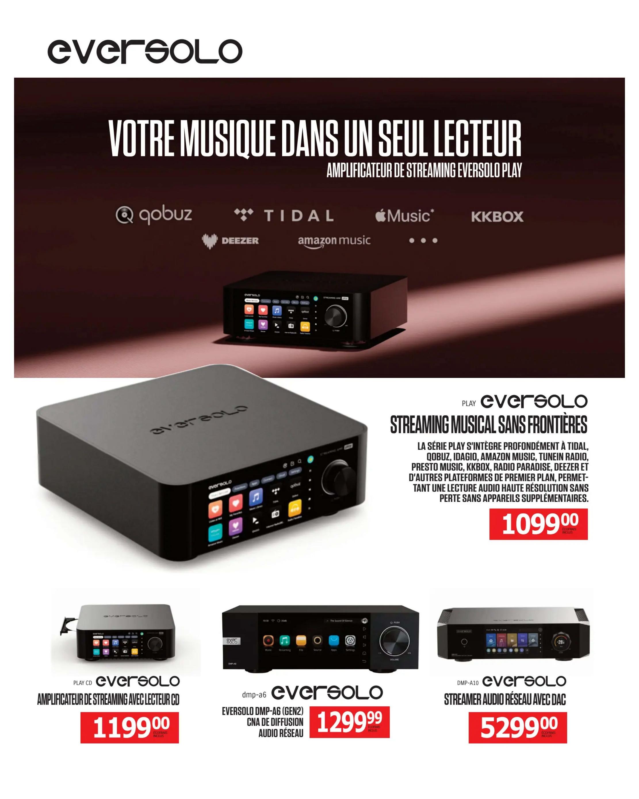 Centre Hi-Fi weekly flyer specials, page 43. Featuring Eversolo streaming audio products. The Eversolo PLAY amplifier with CD player is priced at $1199.00. The Eversolo DMP-A6 (Gen2) network audio streamer and DAC is $1299.99. The Eversolo DMP-A10 streamer with DAC is $5299.00. The main featured product is the Eversolo PLAY streaming amplifier, designed for seamless integration with services like Tidal, Qobuz, Idagio, Amazon Music, TuneIn Radio, Presto Music, KKBOX, Radio Paradise, Deezer, and other premium platforms, offering high-resolution audio playback without extra devices, priced at $1099.00.