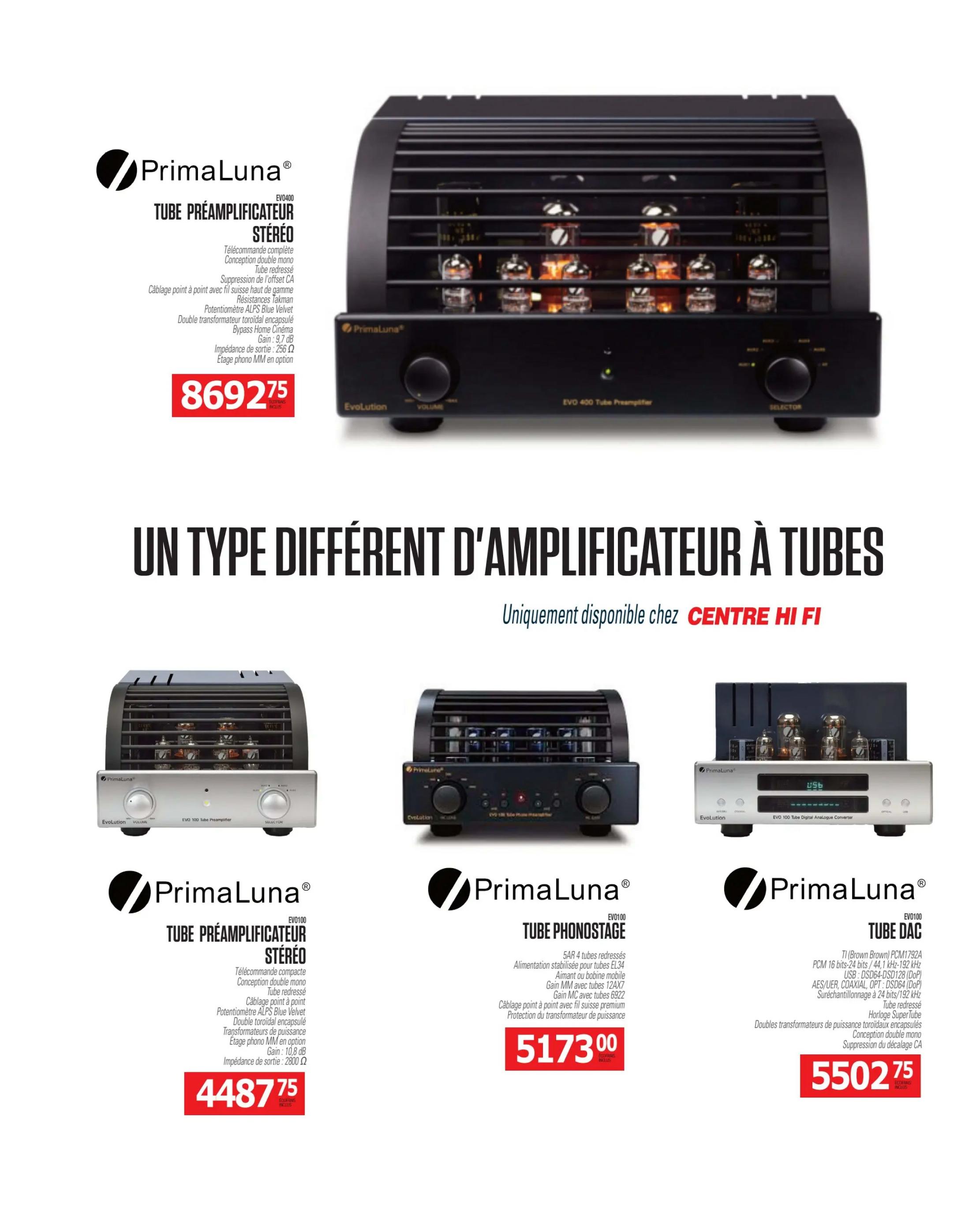 Centre Hi-Fi weekly flyer specials page 46 features PrimaLuna EVO400 Stereo Tube Preamplifier for $869.25. Also available are the PrimaLuna EVO100 Stereo Tube Preamplifier for $4487.75, the PrimaLuna EVO100 Tube Phonostage for $5173.00, and the PrimaLuna EVO100 Tube DAC for $5502.75. The page highlights 'A different type of tube amplifier', exclusively available at Centre Hi-Fi.
